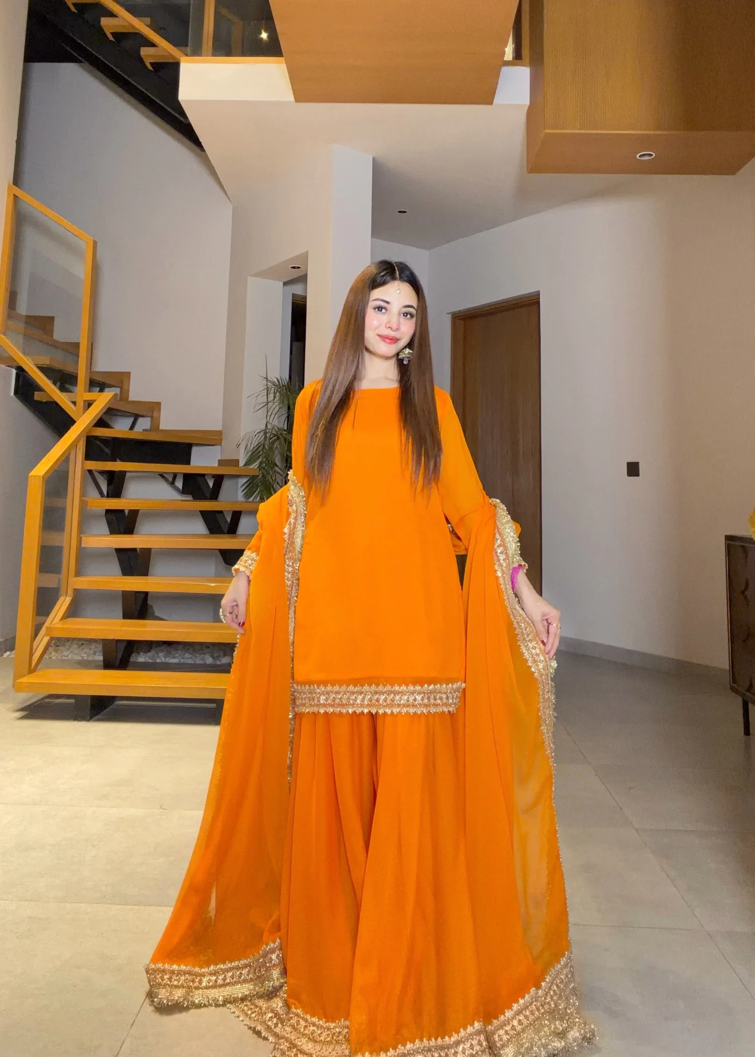 bemberg crinkle chiffon Sharara in Pumpkin orange - view 7