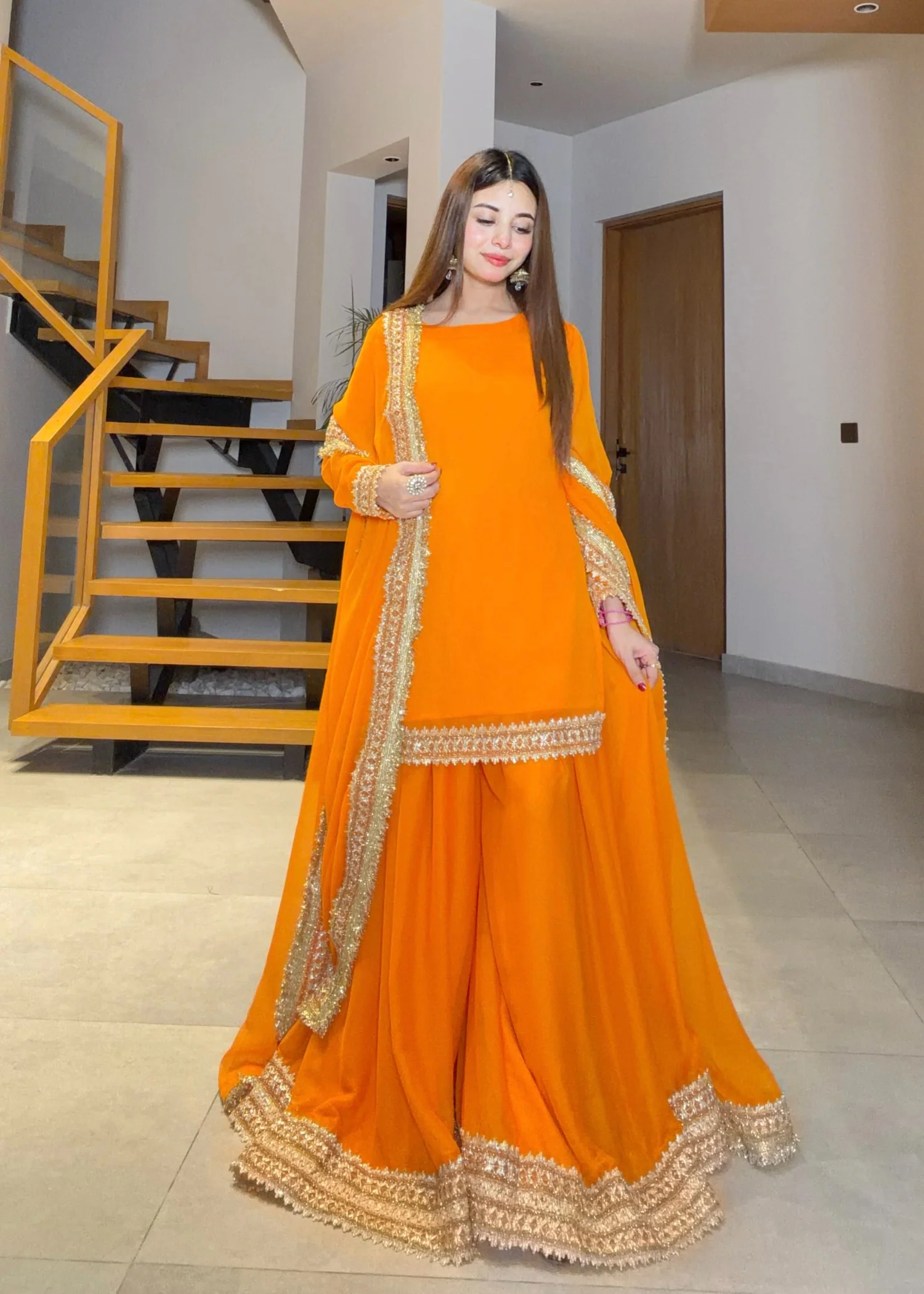 bemberg crinkle chiffon Sharara in Pumpkin orange - view 4