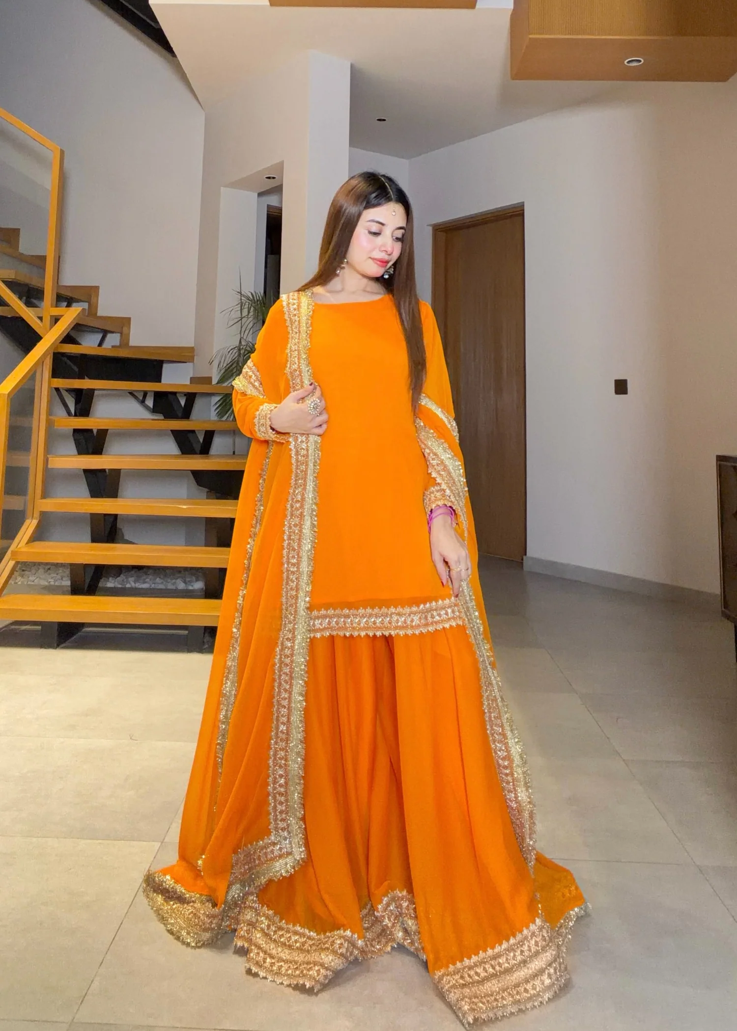 bemberg crinkle chiffon Sharara in Pumpkin orange