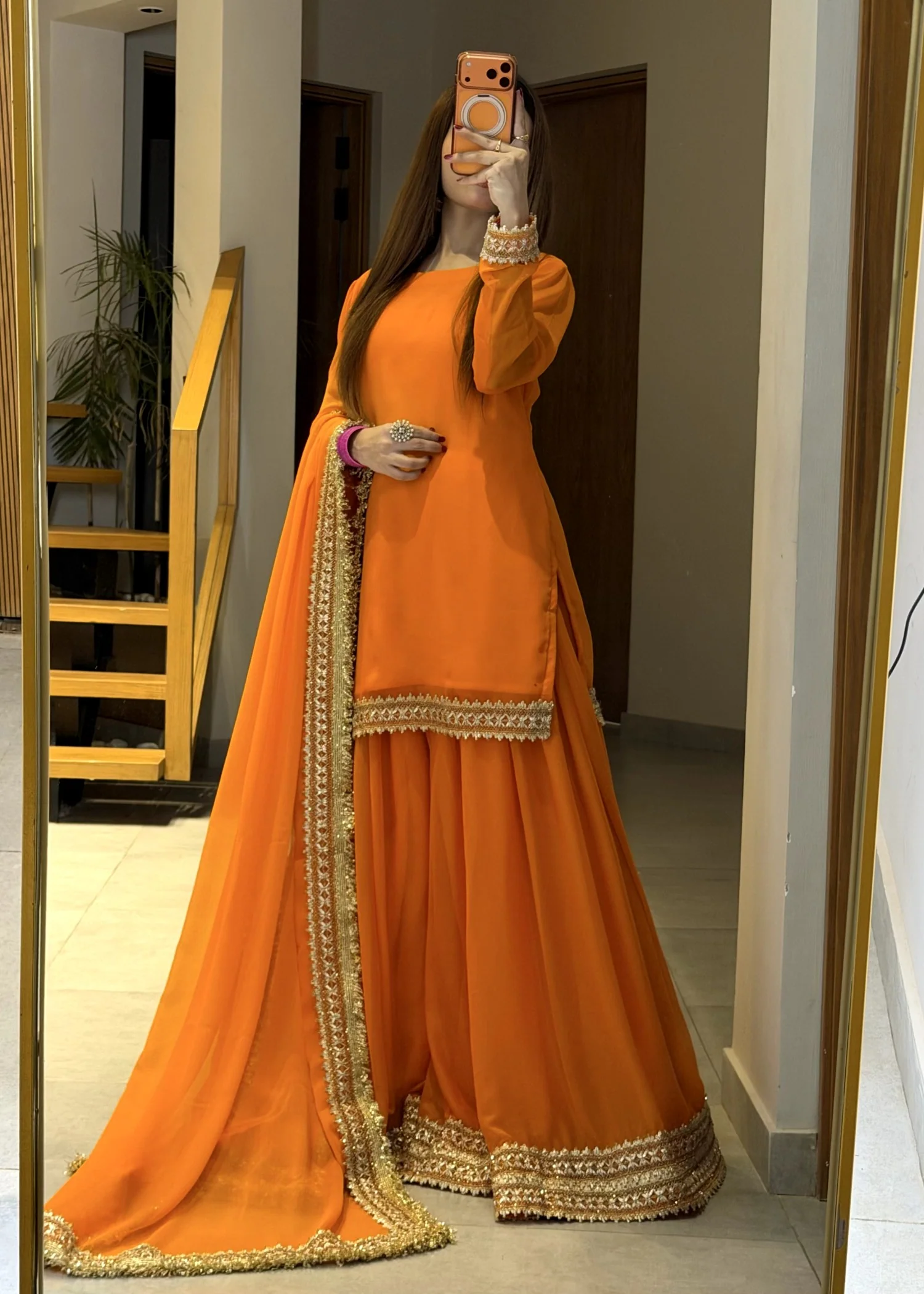 bemberg crinkle chiffon Sharara in Pumpkin orange - view 8