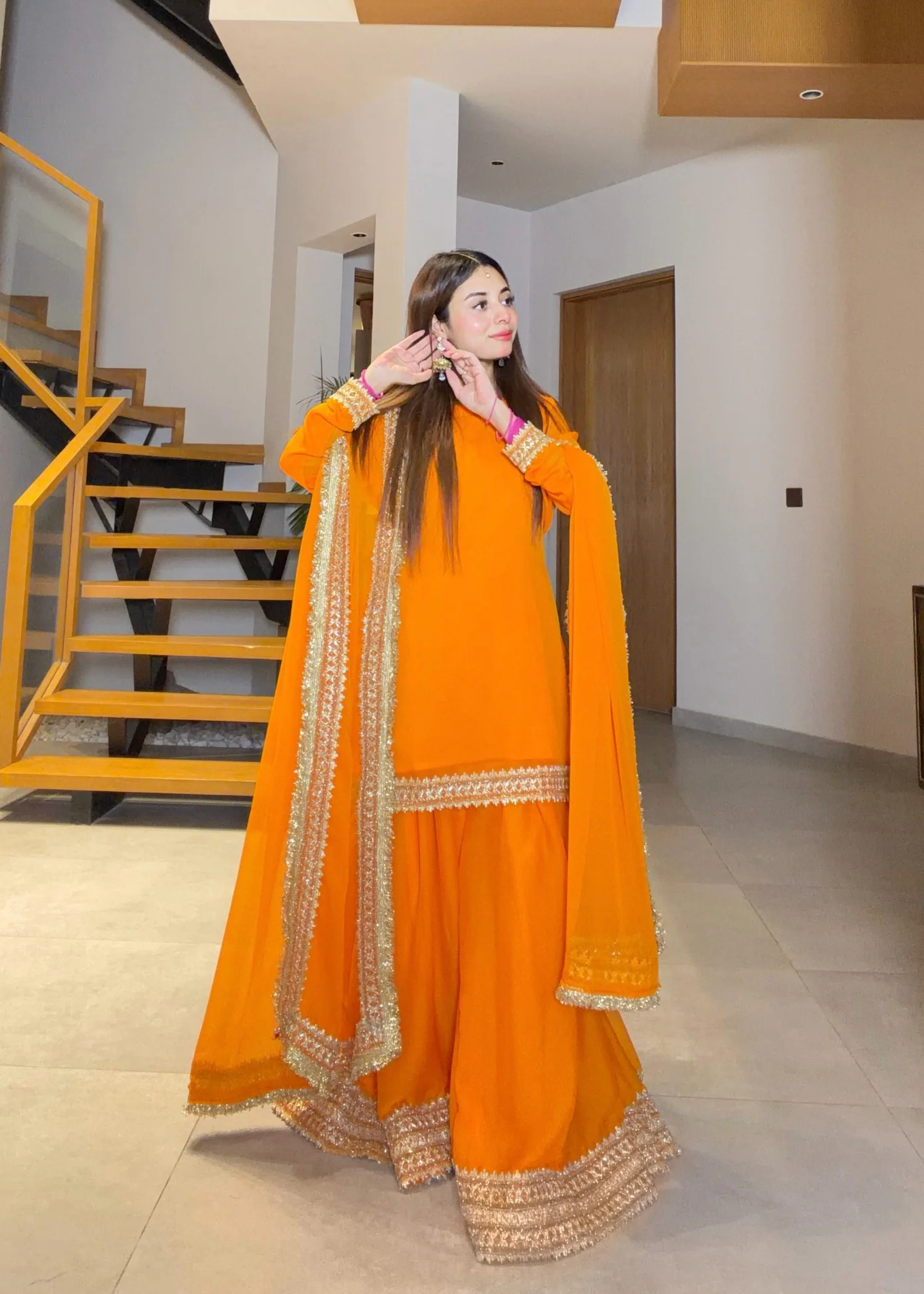 bemberg crinkle chiffon Sharara in Pumpkin orange - view 2