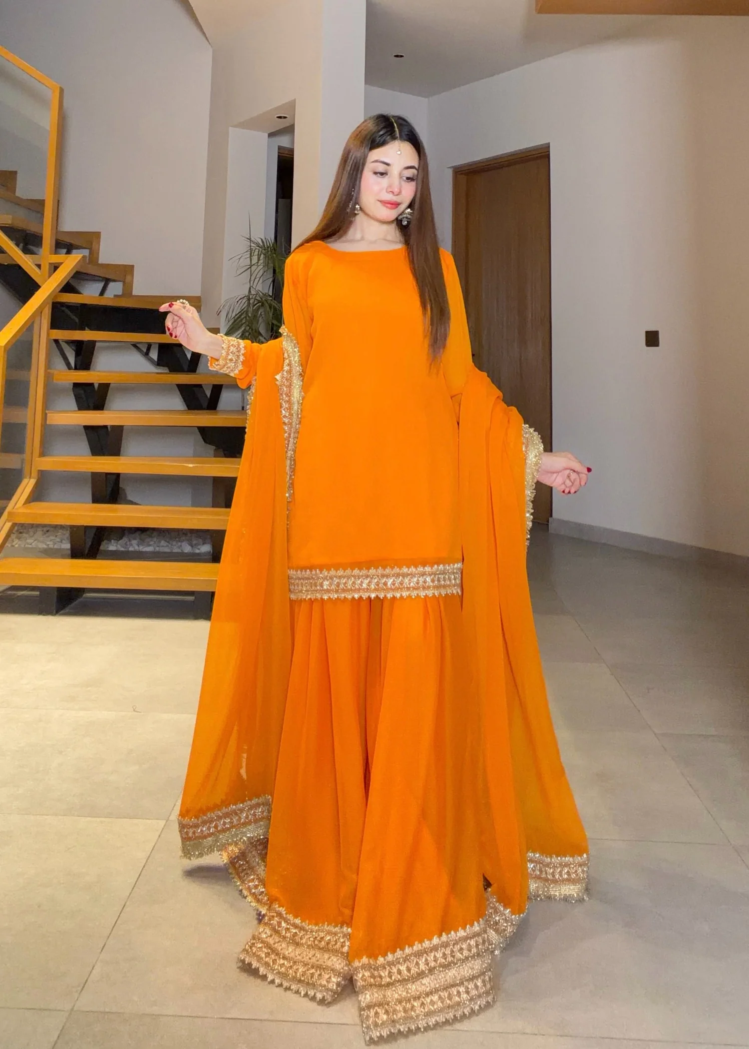 bemberg crinkle chiffon Sharara in Pumpkin orange - view 5