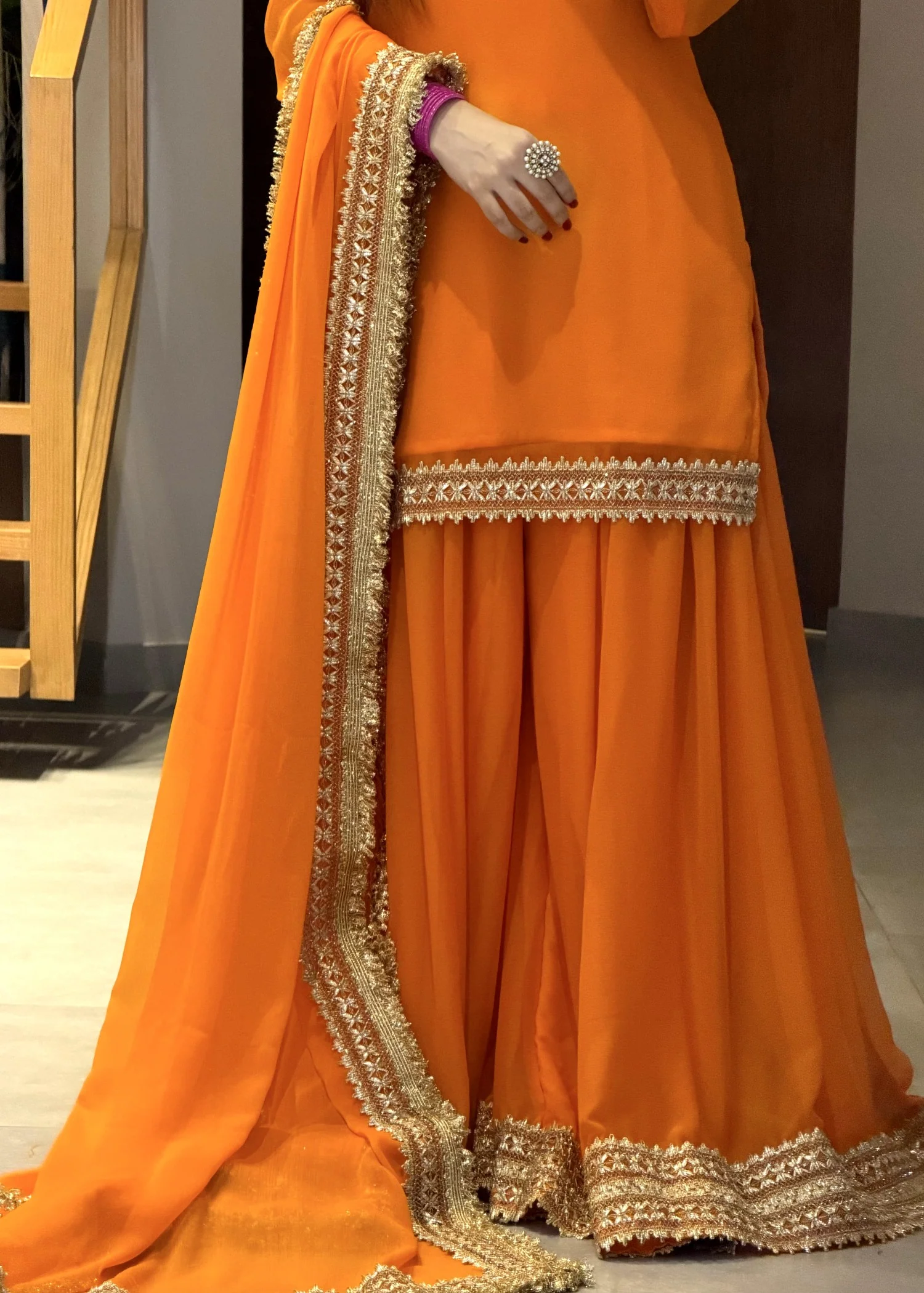 bemberg crinkle chiffon Sharara in Pumpkin orange - view 3