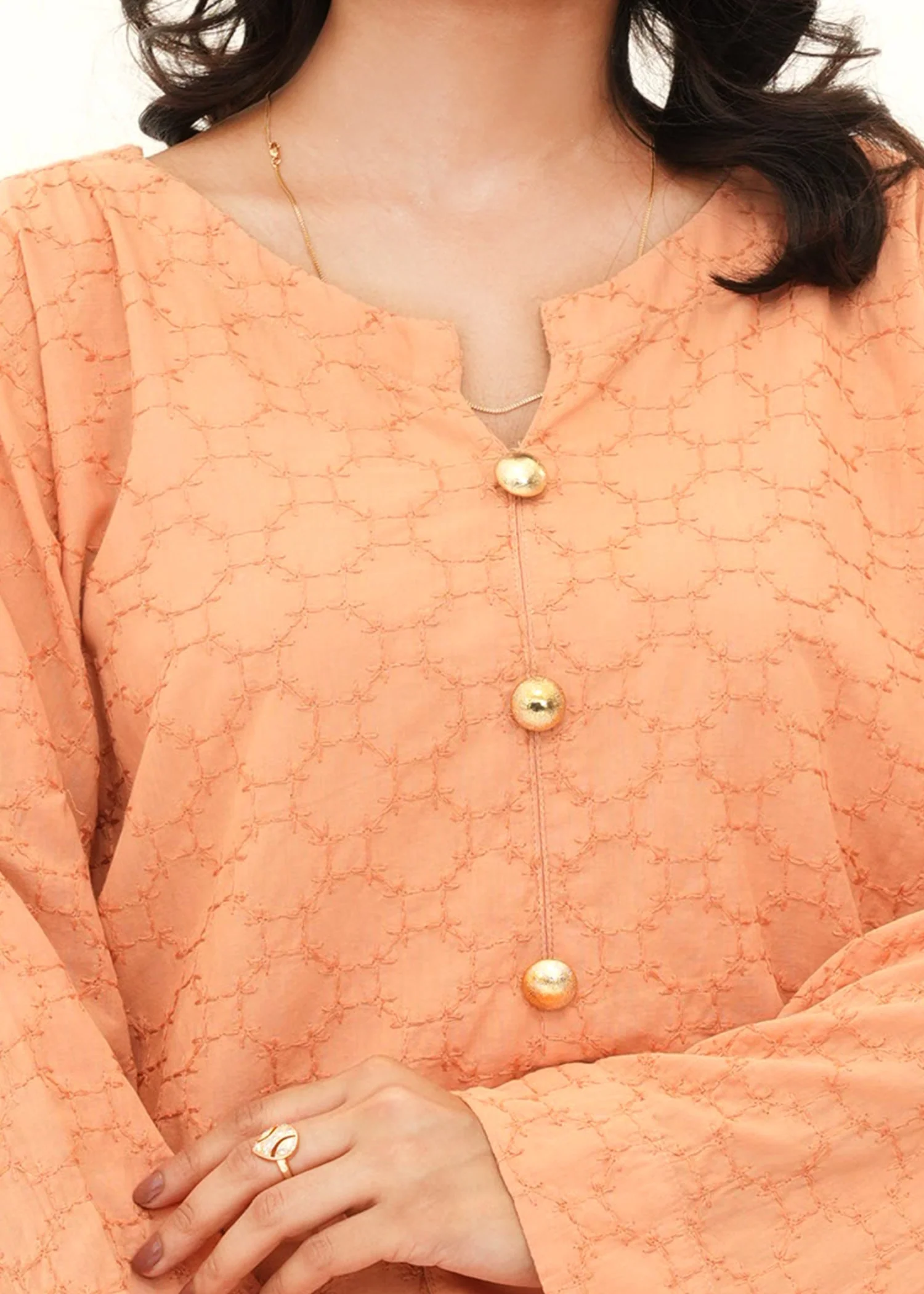 lawn cotton Kurta Set in Coral orange - view 3