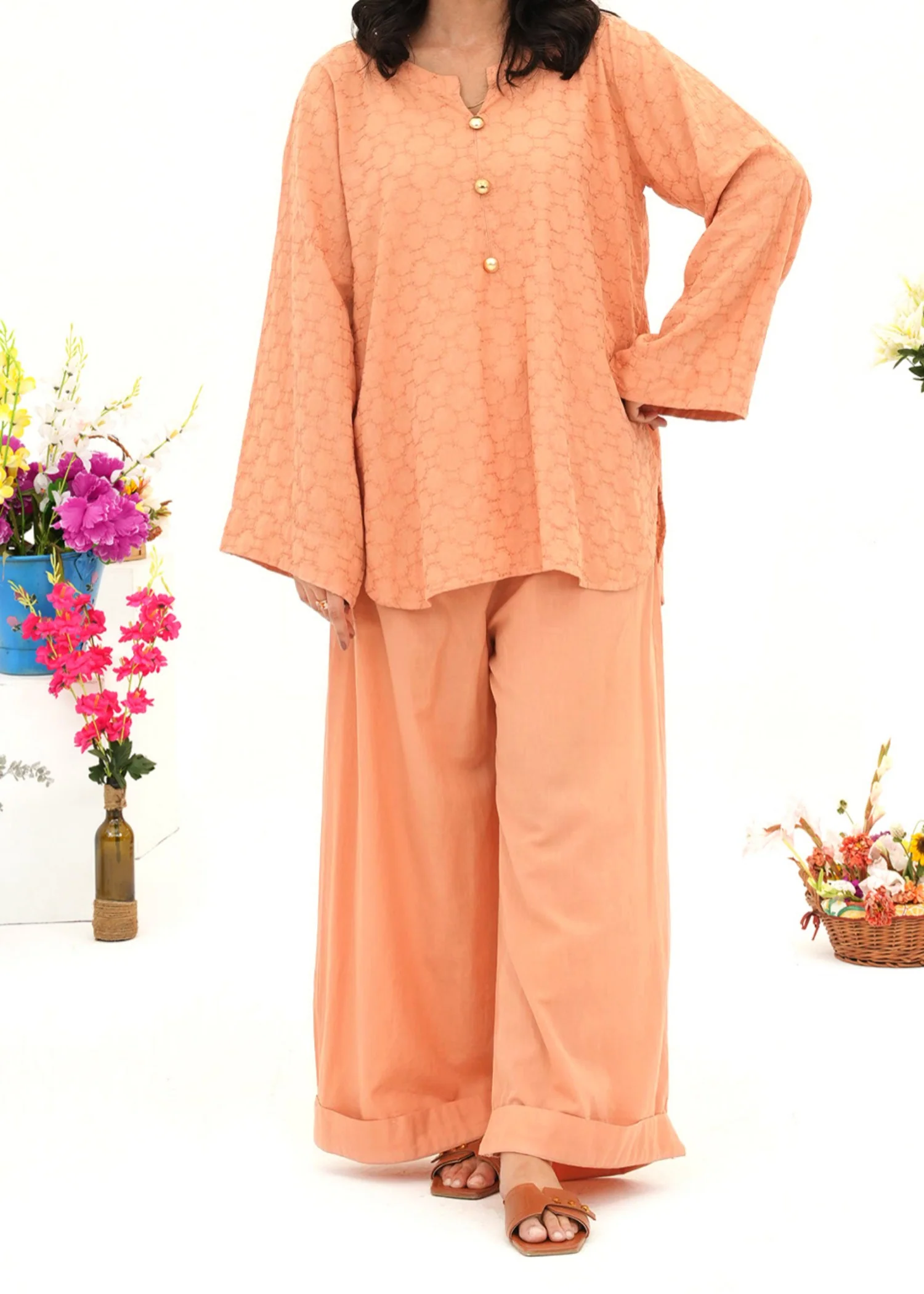 lawn cotton Kurta Set in Coral orange