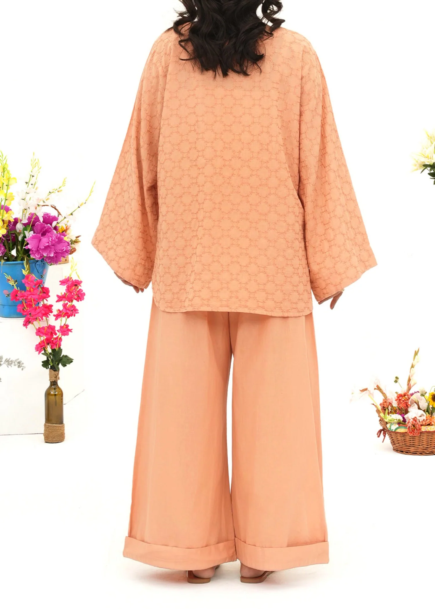 lawn cotton Kurta Set in Coral orange - view 2