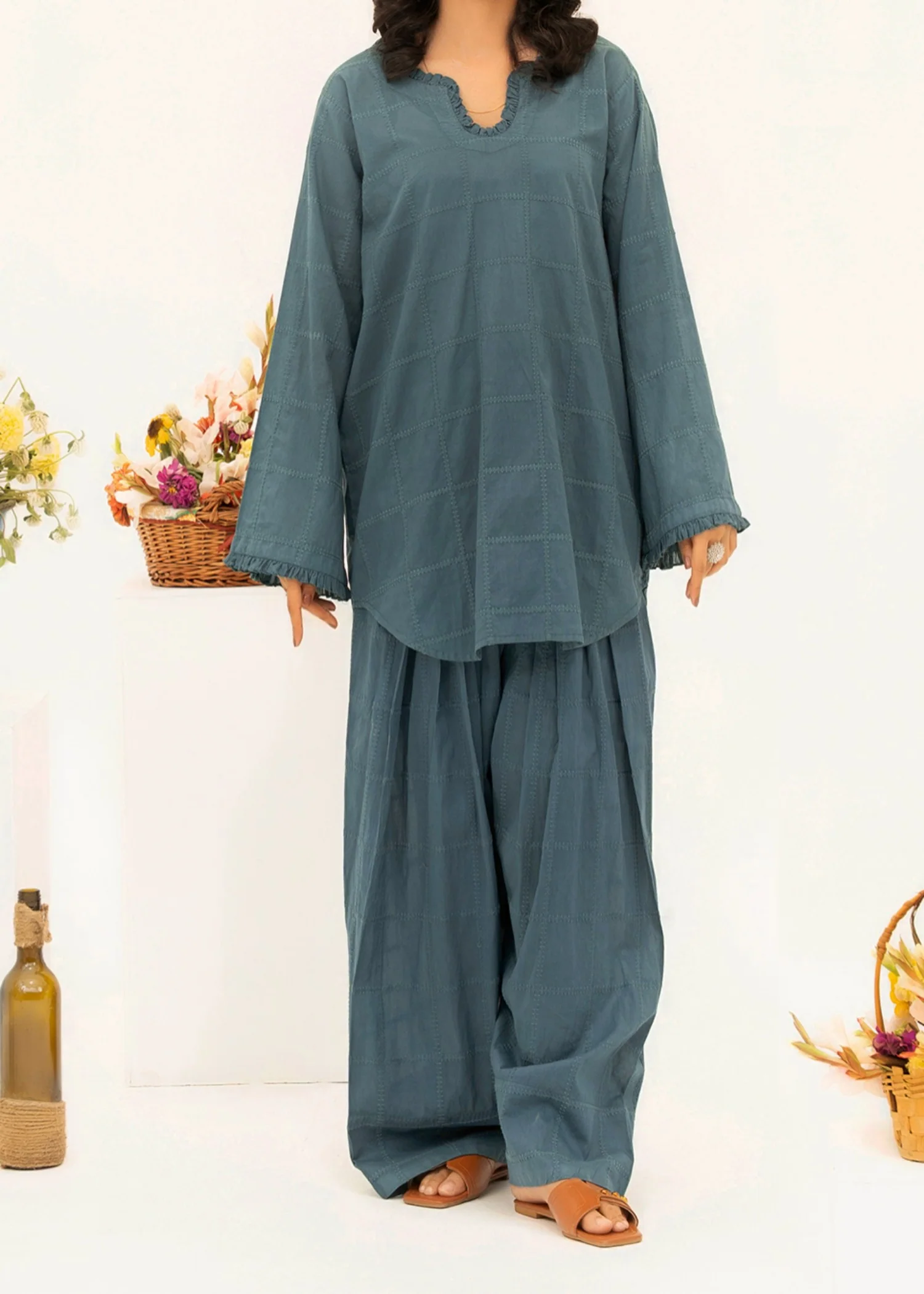 lawn cotton Kurta Set in Twilight blue