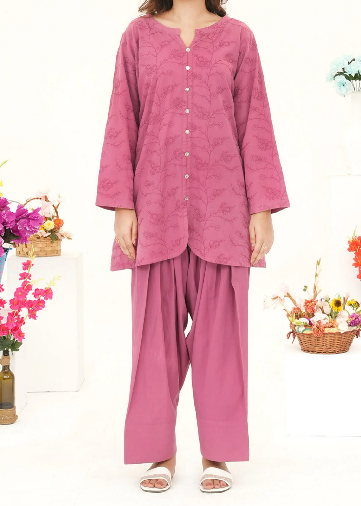 lawn cotton Kurta Set in Blush