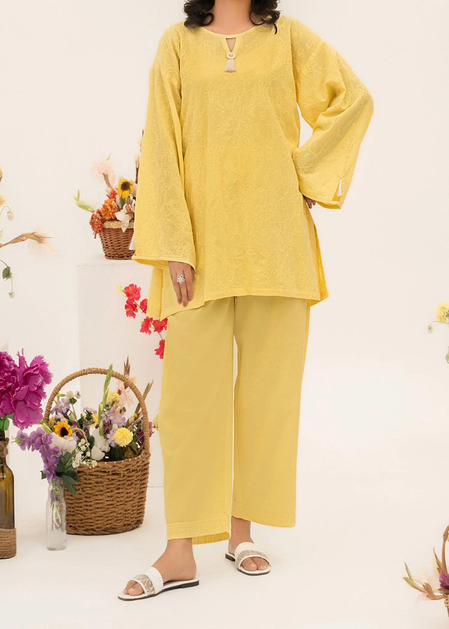 lawn cotton Kurta Set in Lemon