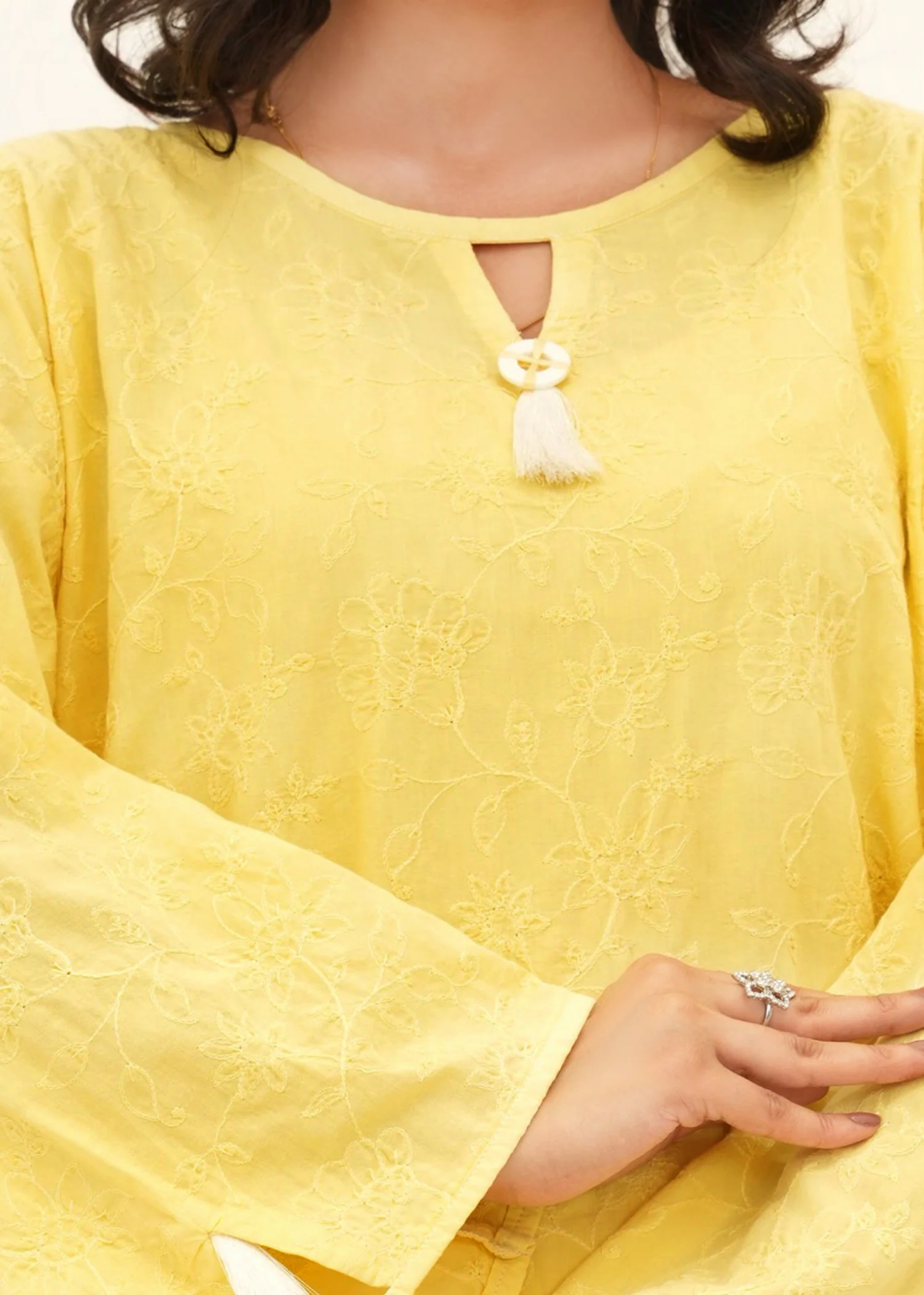 lawn cotton Kurta Set in Lemon - view 3