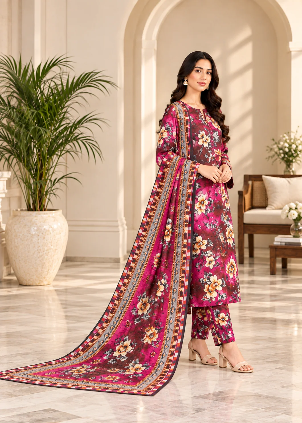 khaddar Unstitched in Magenta - view 2
