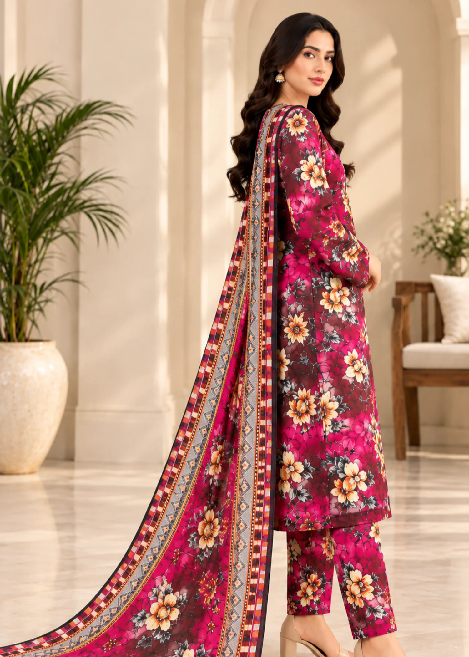 khaddar Unstitched in Magenta - view 3