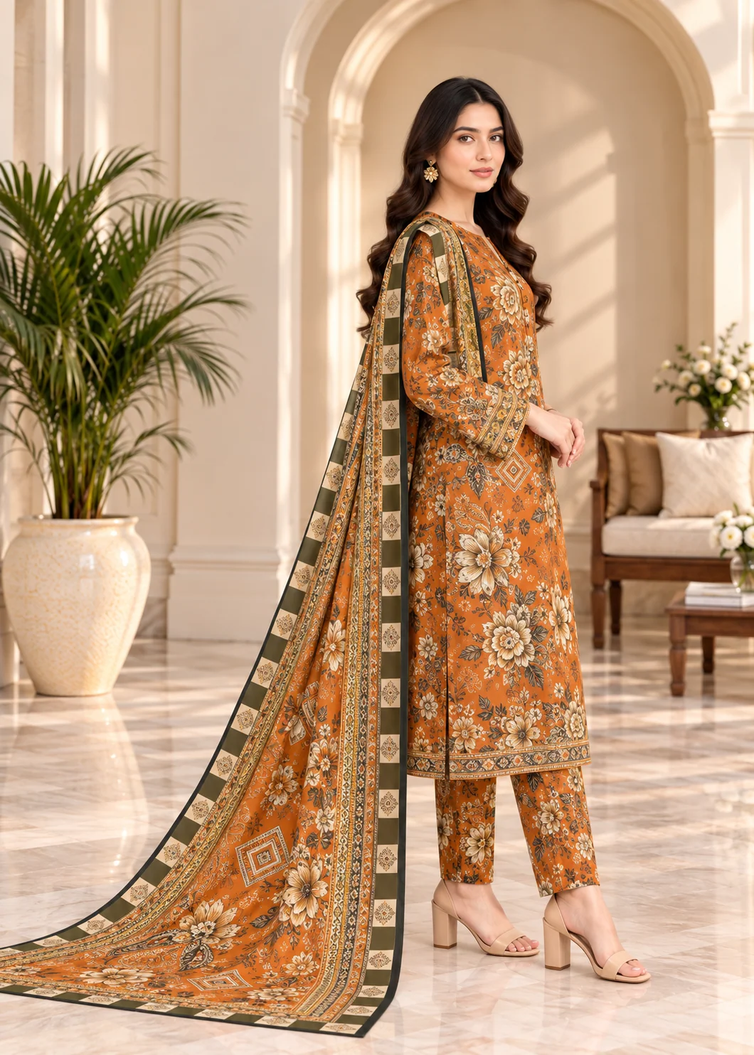 khaddar Unstitched in Burnt orange - view 2
