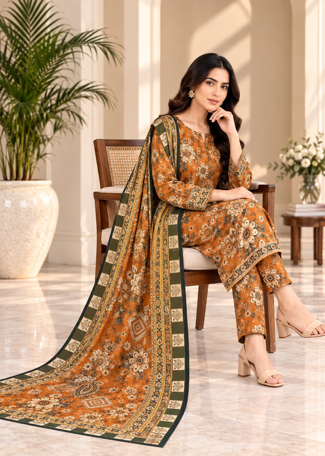 khaddar Unstitched in Burnt orange - view 3