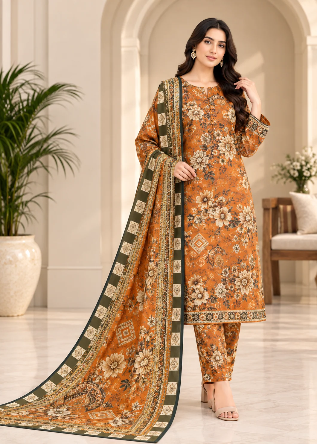 khaddar Unstitched in Burnt orange