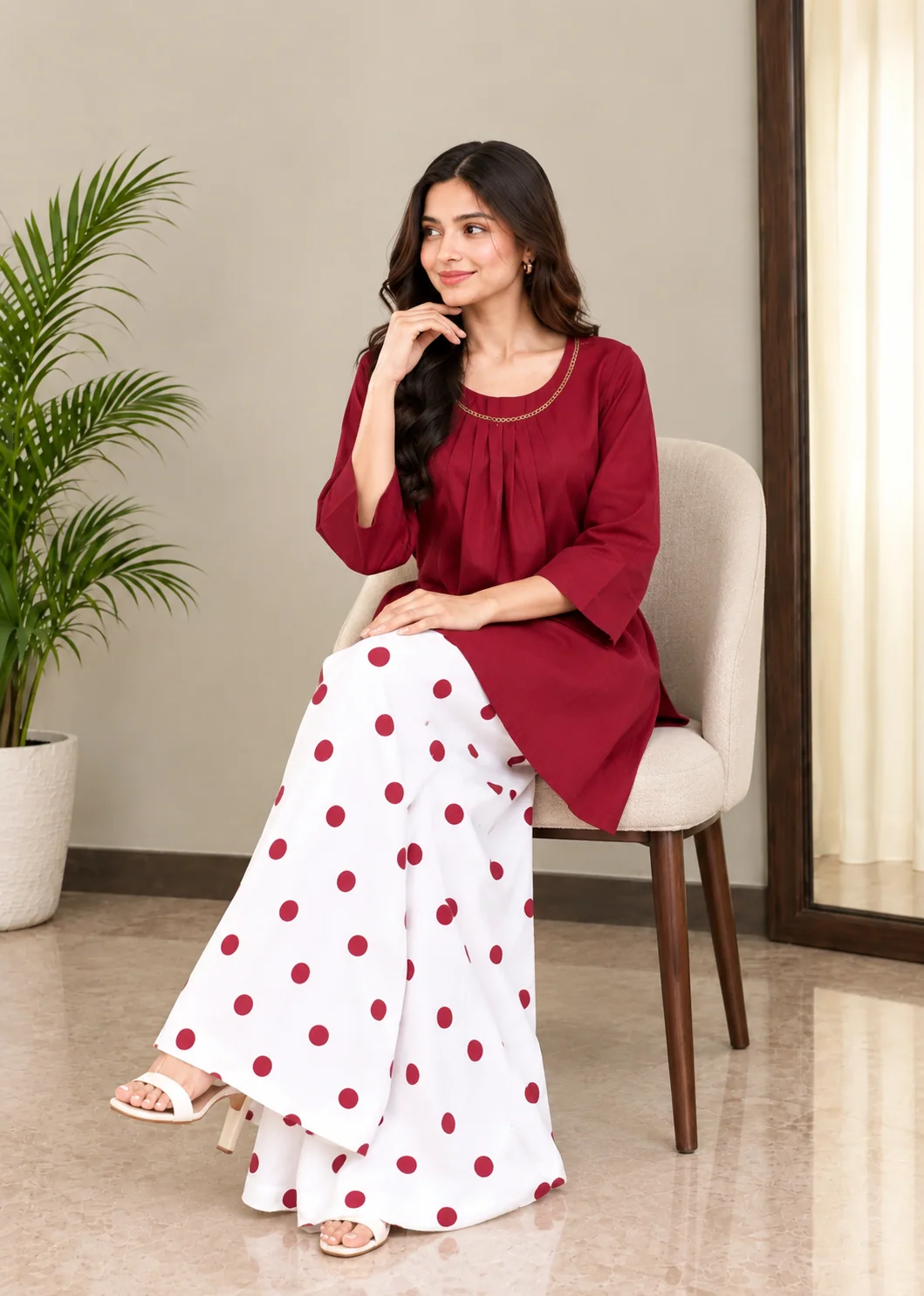 silk grip Short Frock in Maroon, white - view 3