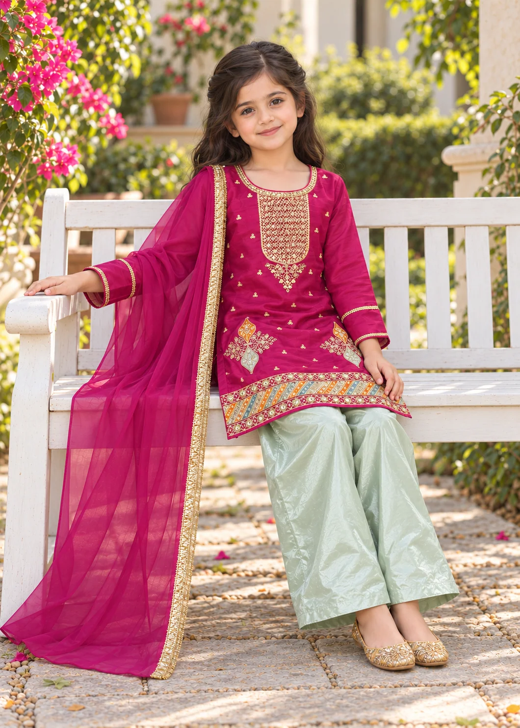 silk Kurta Set in Magenta - view 2