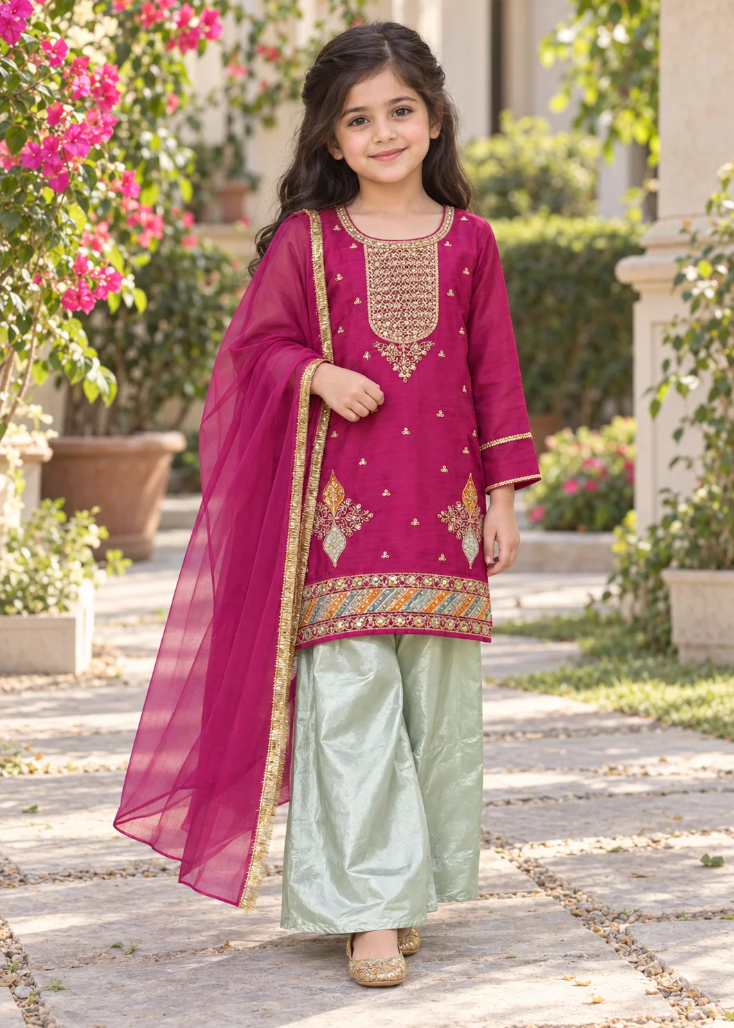 silk Kurta Set in Magenta
