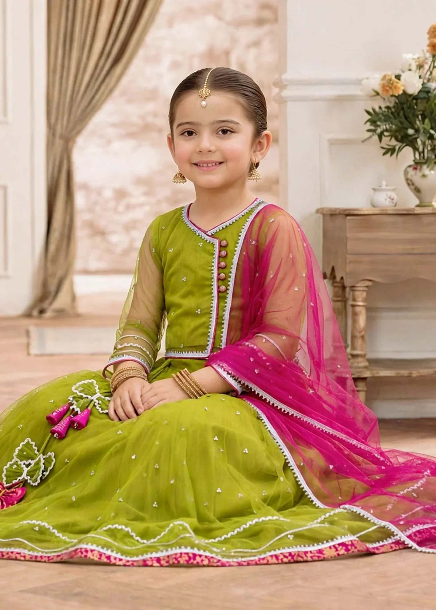 net Lehenga in Olive green - view 5