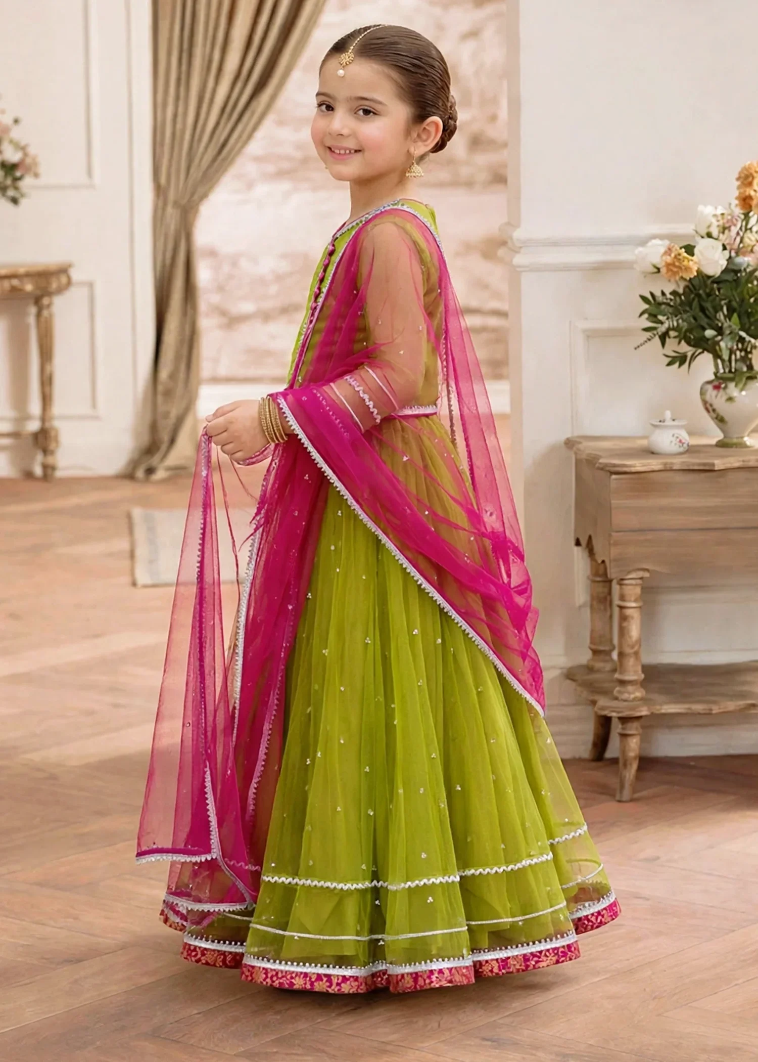 net Lehenga in Olive green - view 4