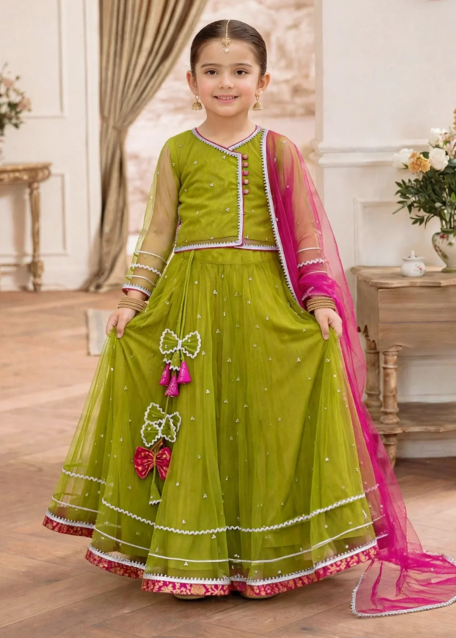 net Lehenga in Olive green - view 2