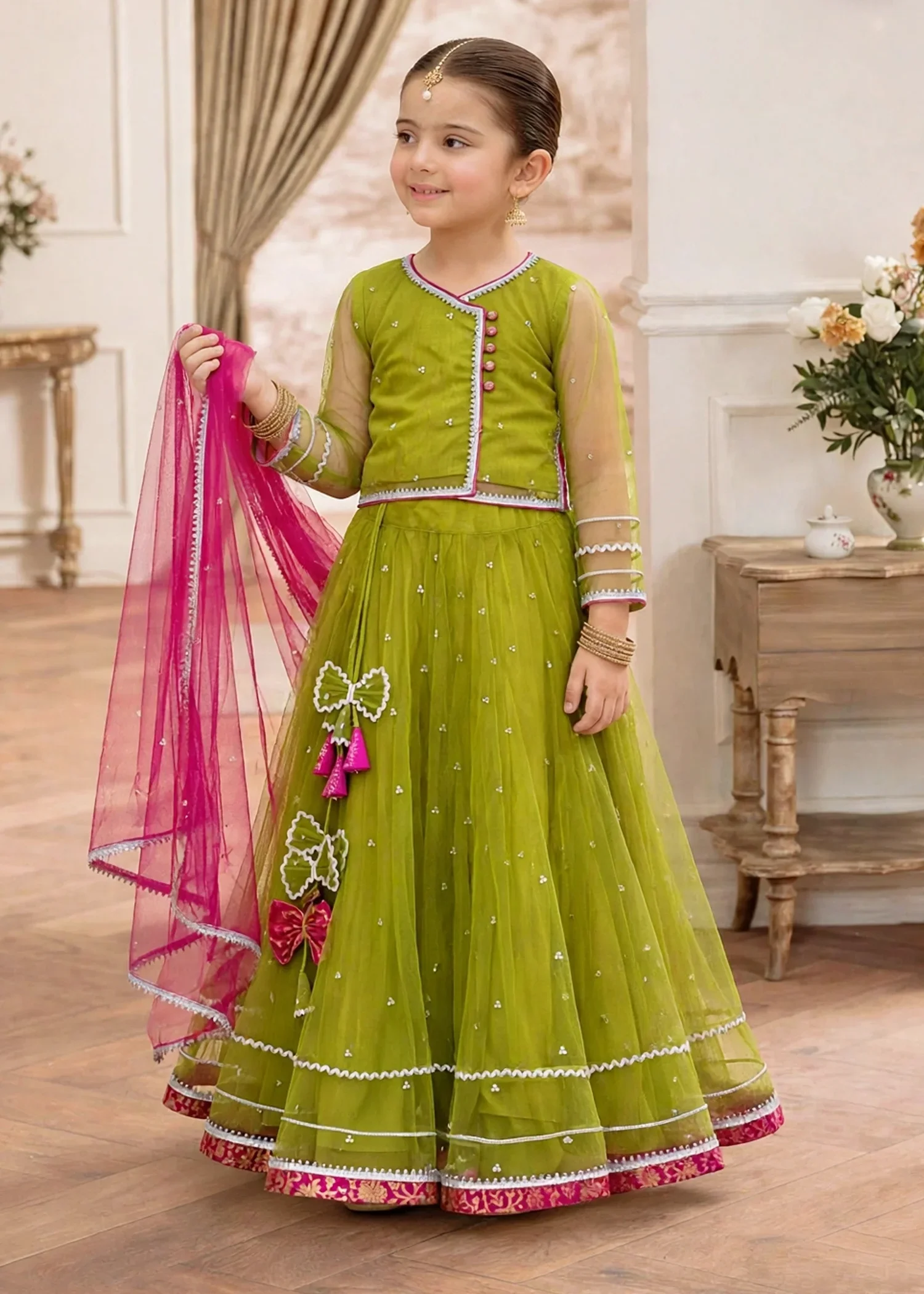 net Lehenga in Olive green - view 3