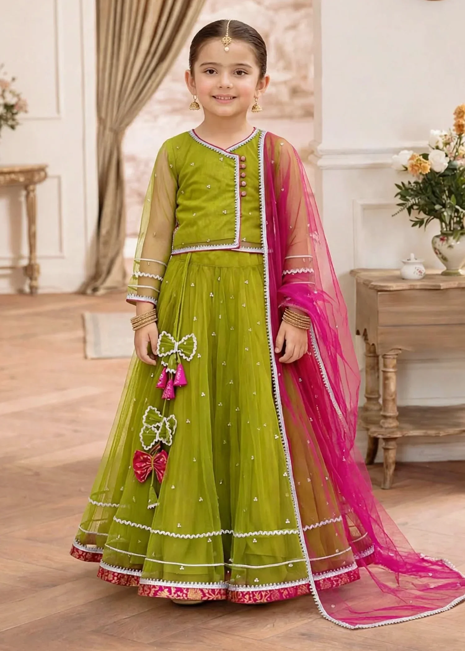 net Lehenga in Olive green