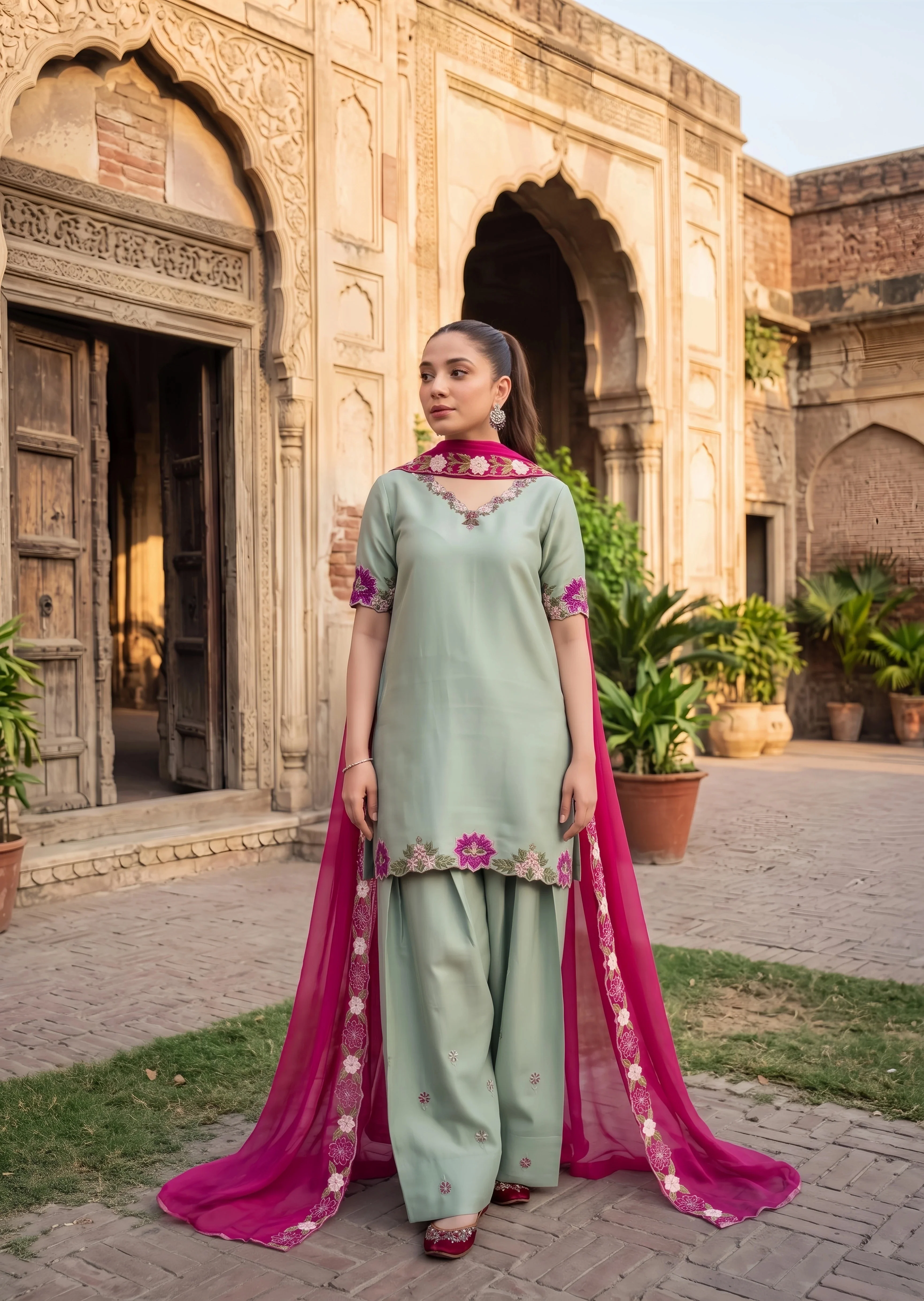 linen Kurta Set in Sage green - view 4