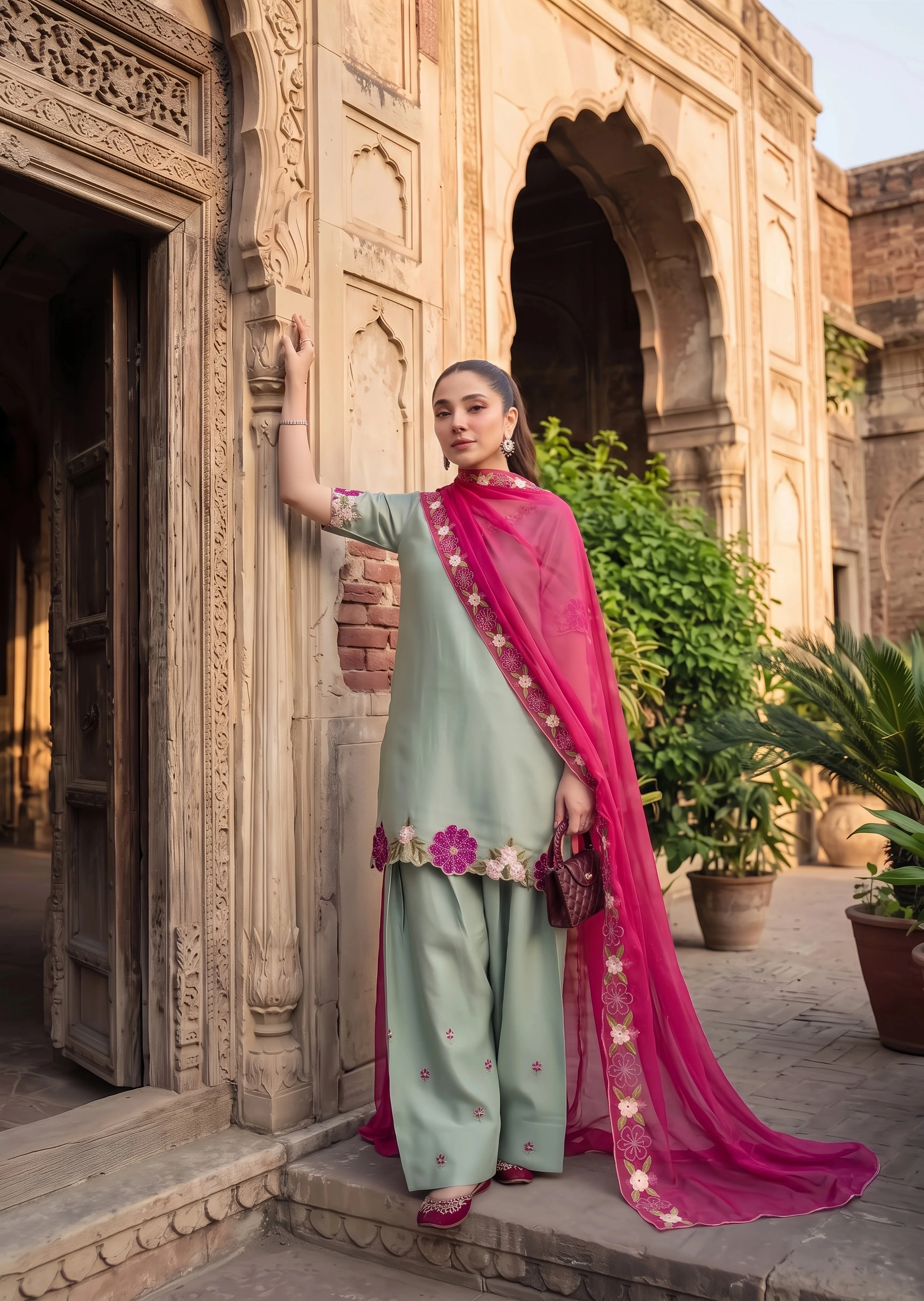 linen Kurta Set in Sage green - view 2