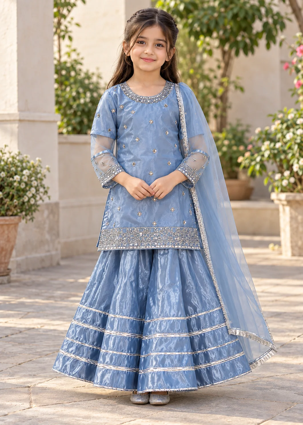 organza Lehenga in Light blue