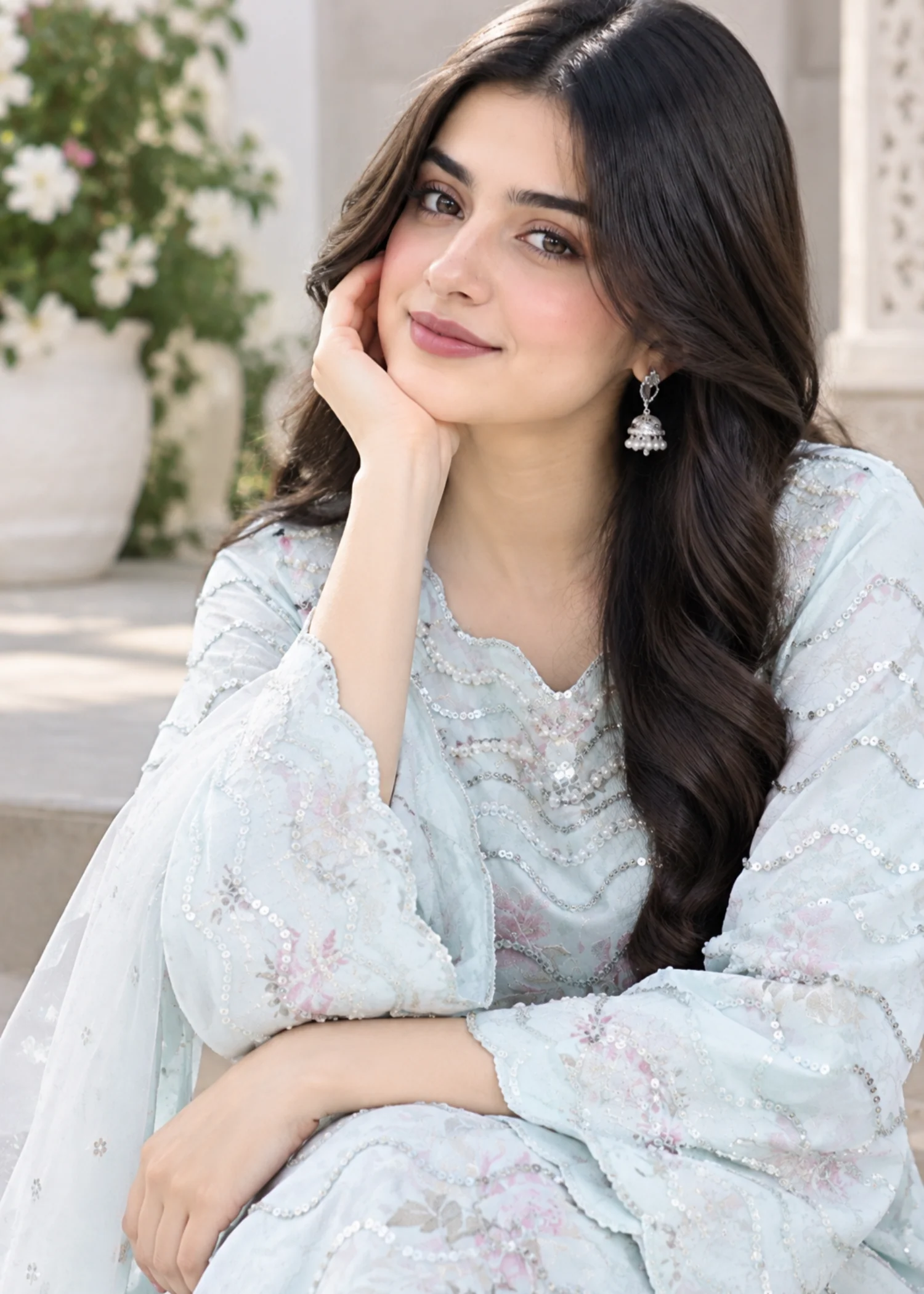crepe Kurta Set in Sky - view 3