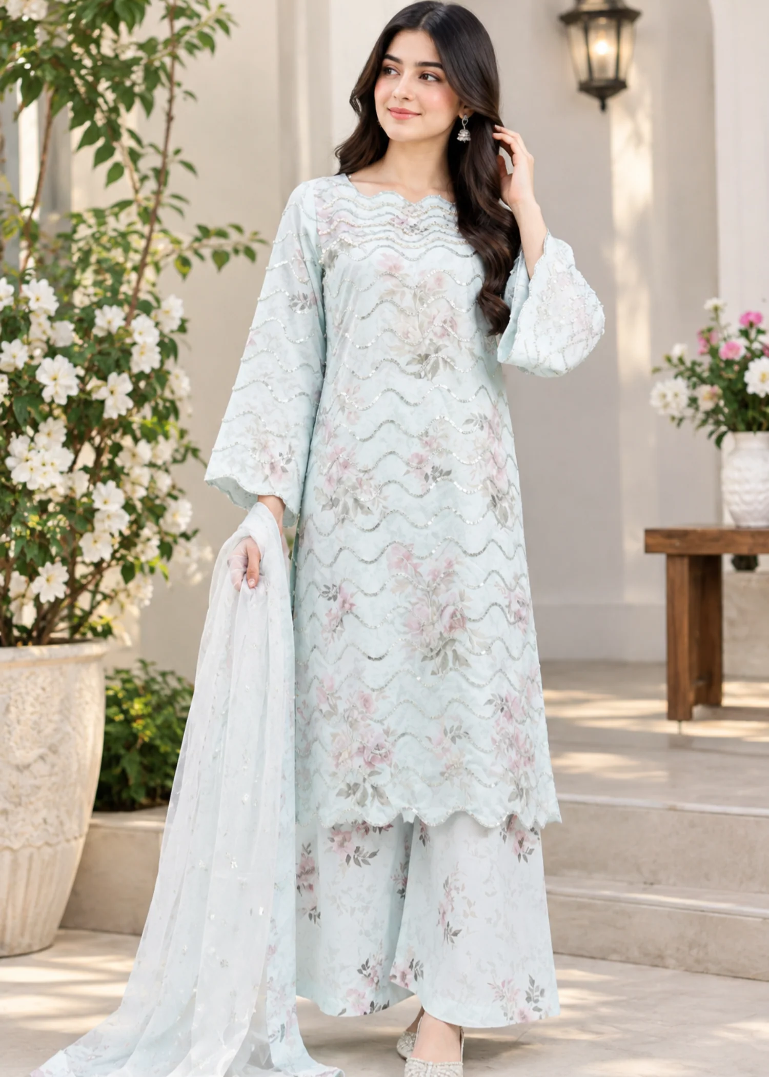crepe Kurta Set in Sky