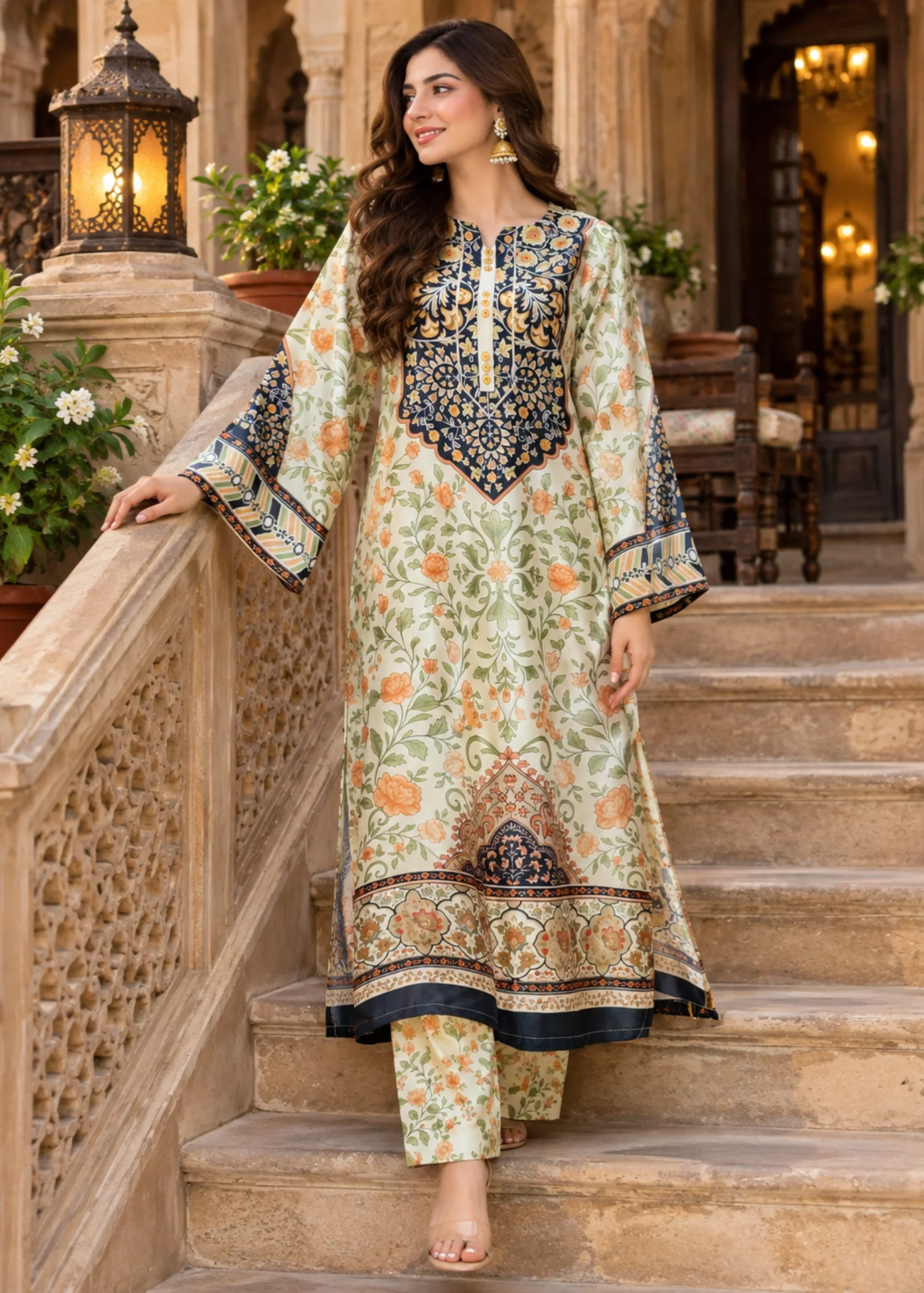 silk charmeuse Kaftan in Pistachio green