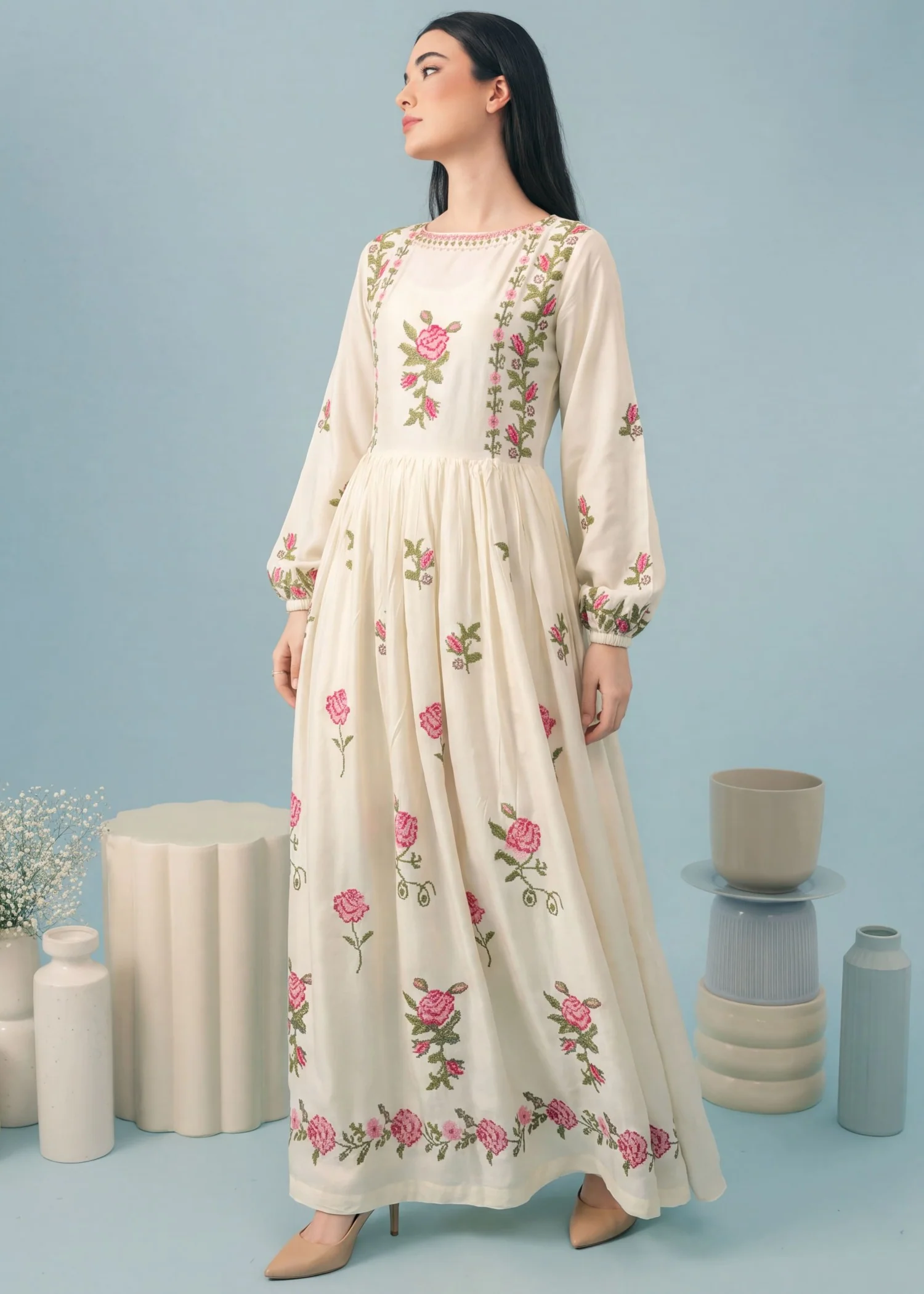 linen Pishwas in Ivory