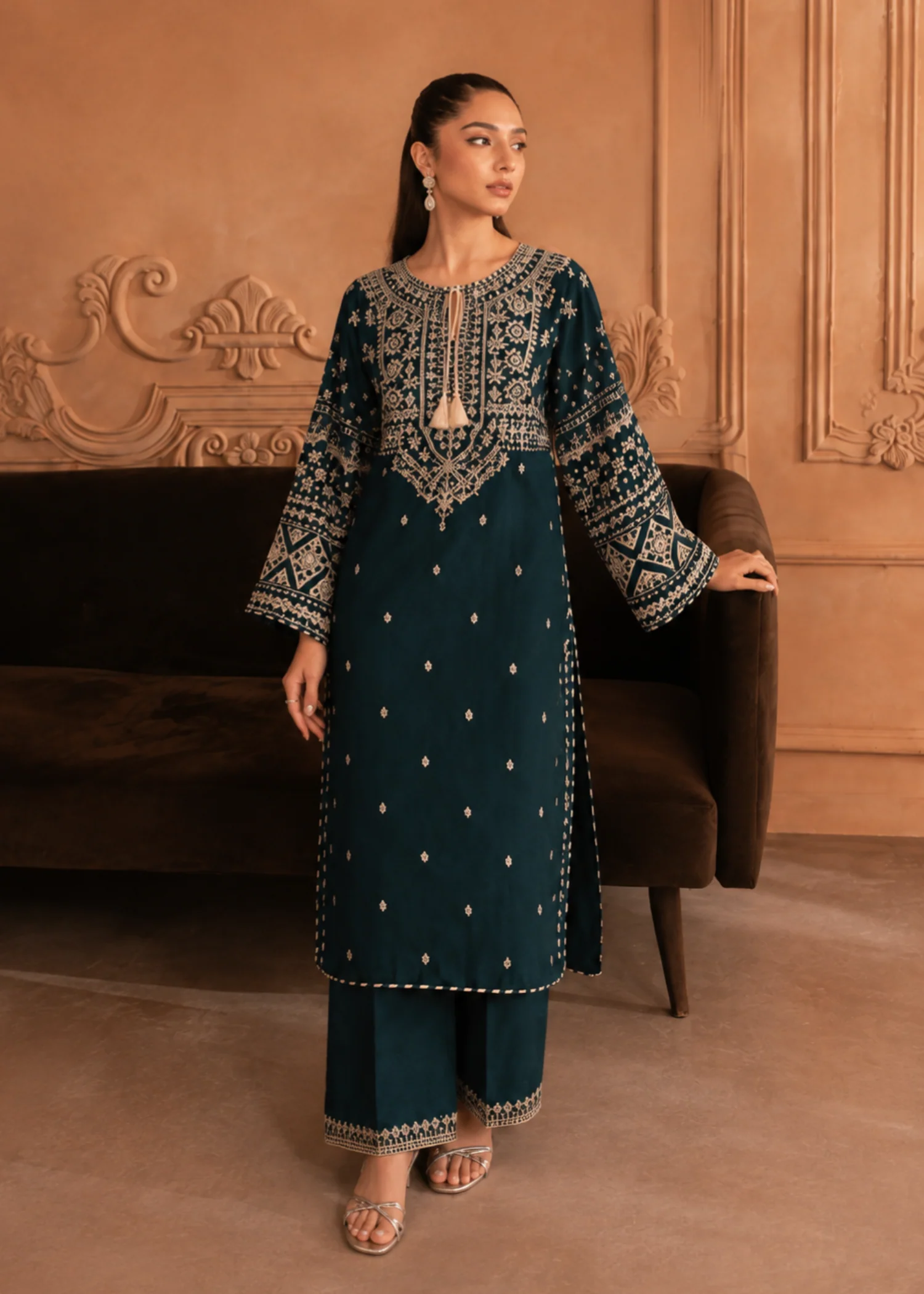 linen Kurta Set in Hunter green