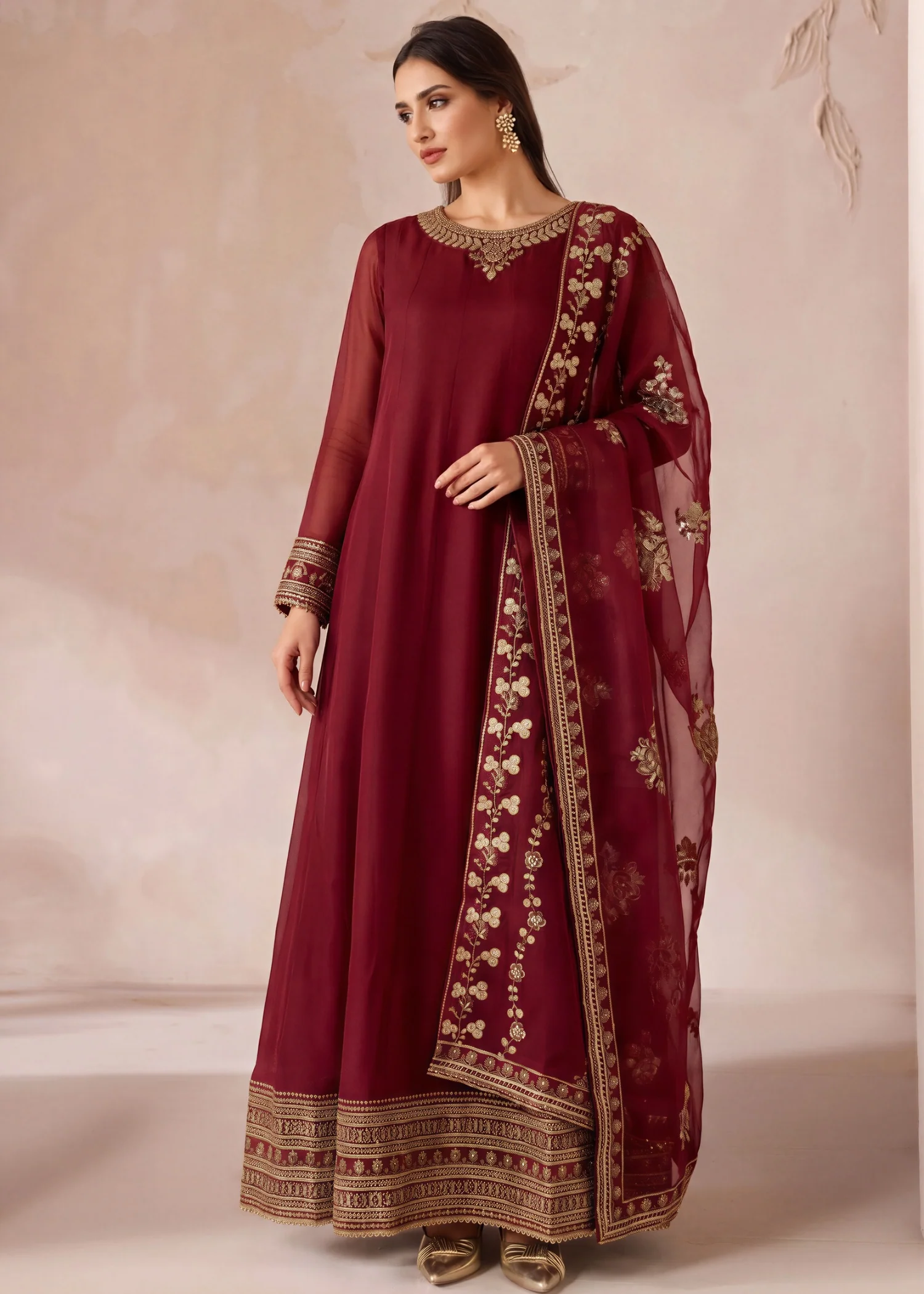 chiffon Pishwas in Maroon - view 5