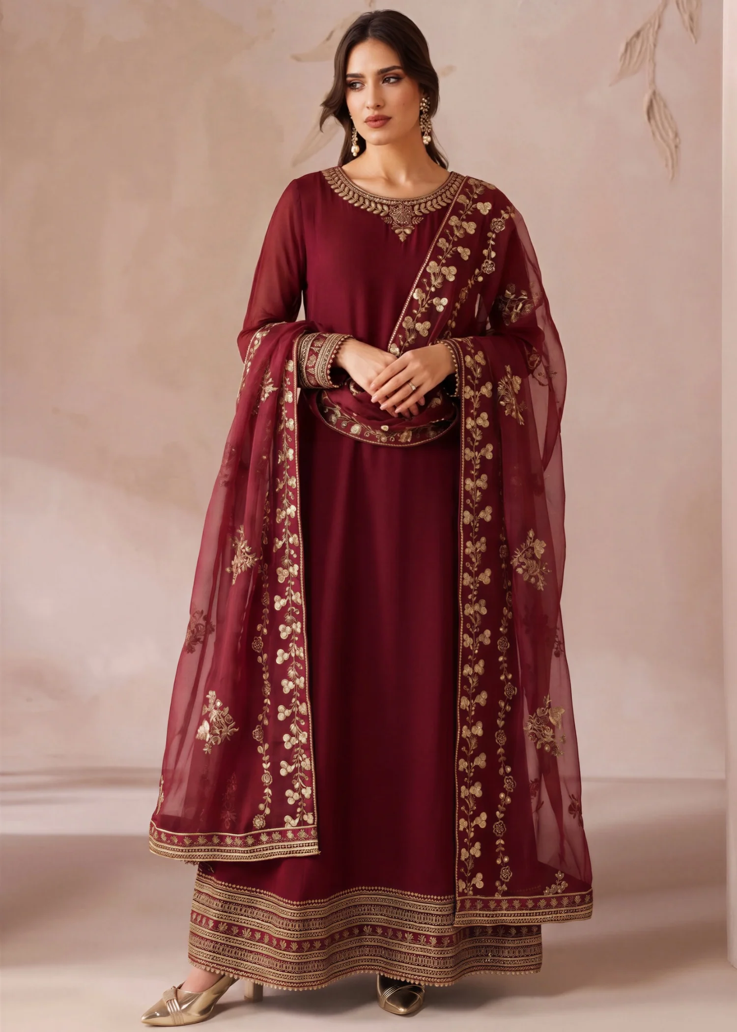 chiffon Pishwas in Maroon