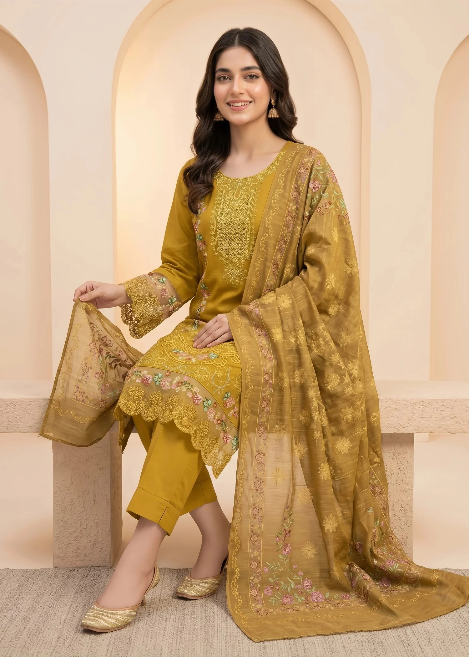 cotton linen Kurta Set in Saffron - view 4