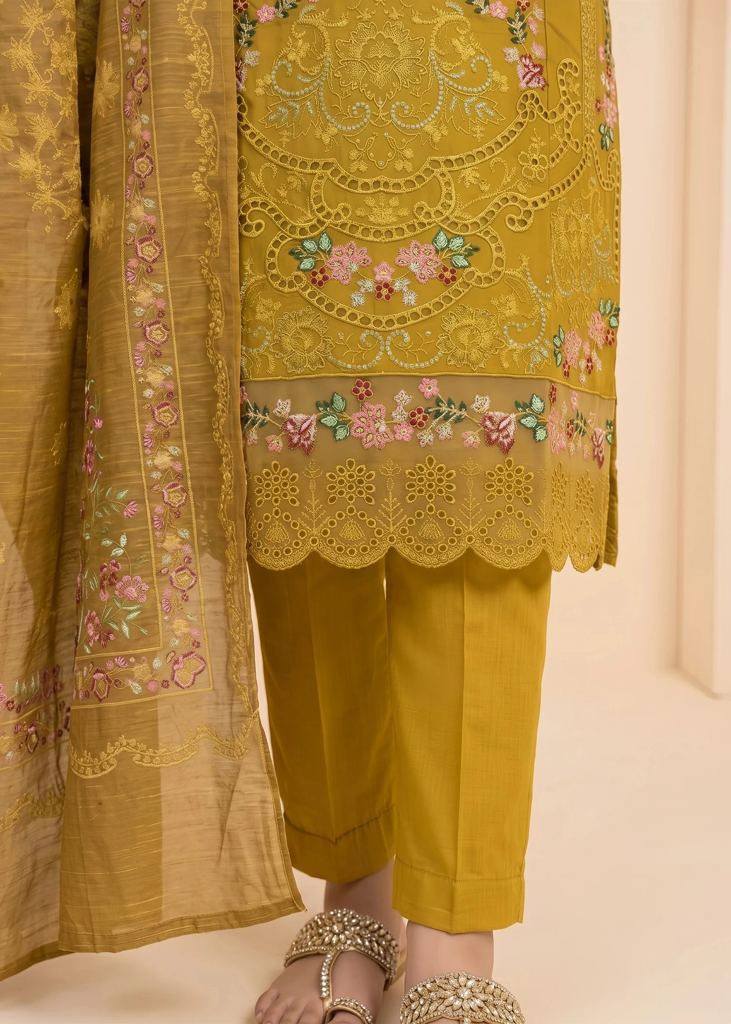 cotton linen Kurta Set in Saffron - view 3