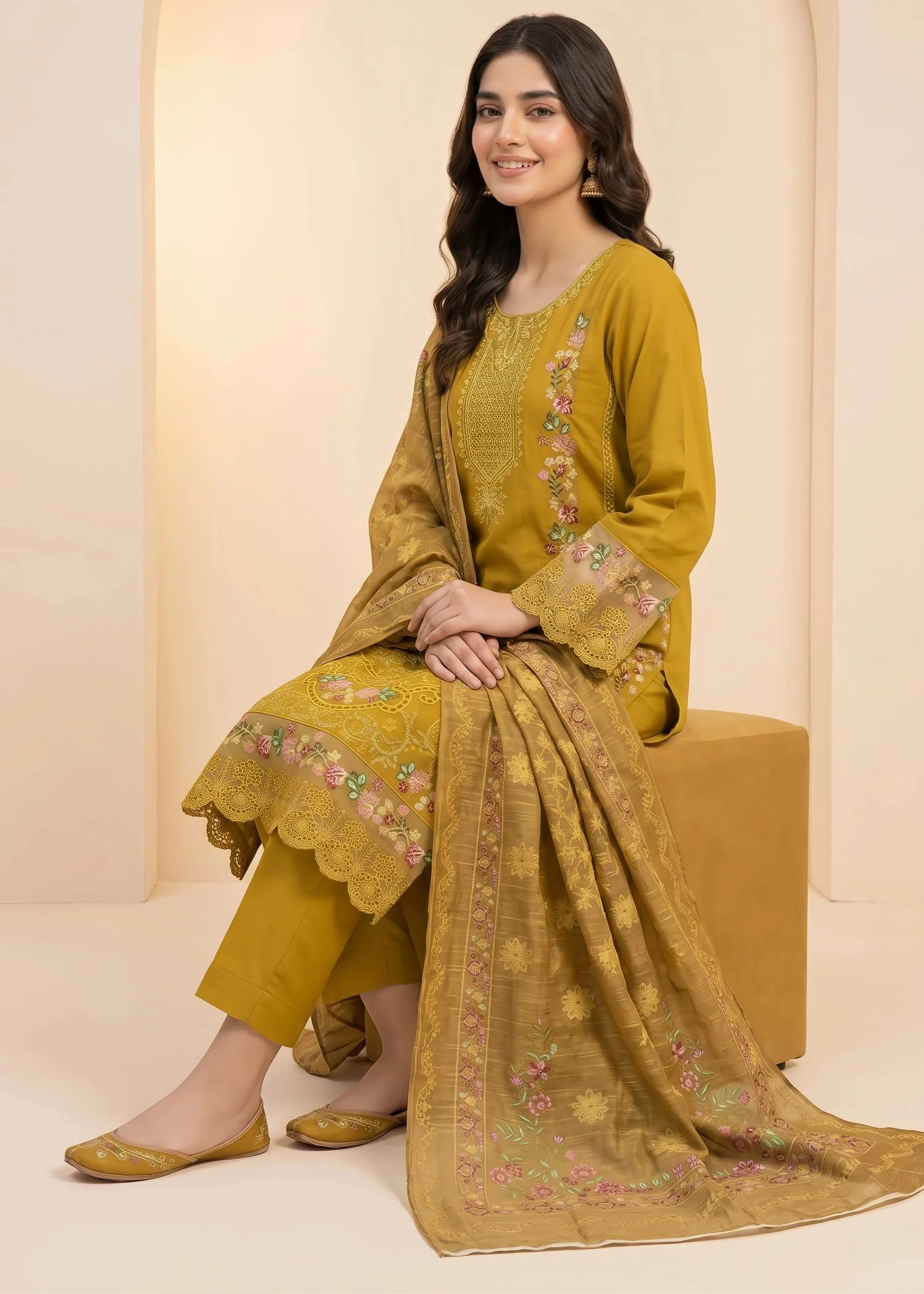 cotton linen Kurta Set in Saffron - view 5