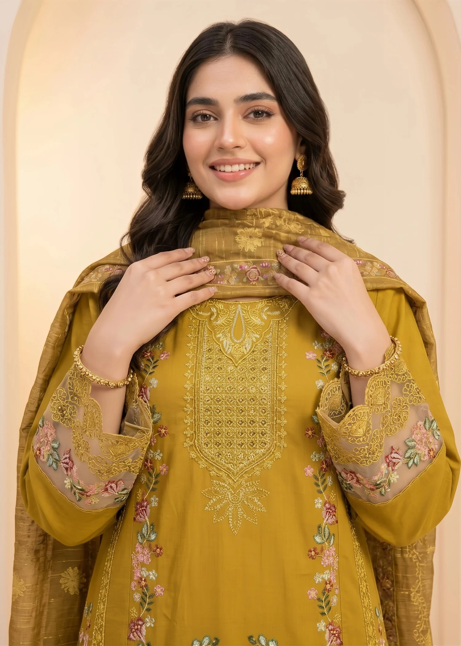 cotton linen Kurta Set in Saffron - view 2