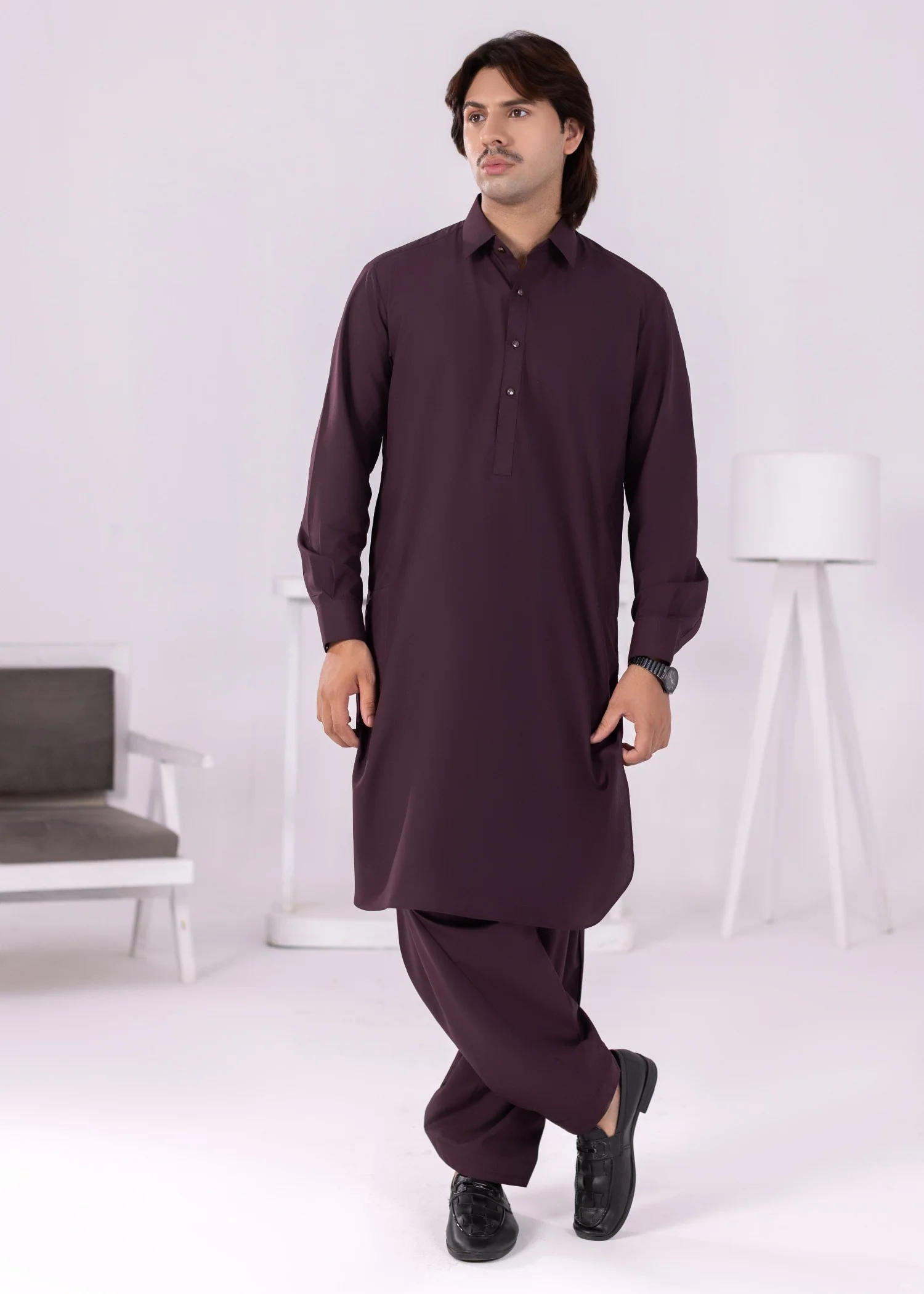 wash & wear Shalwar Kameez in Plum - view 2