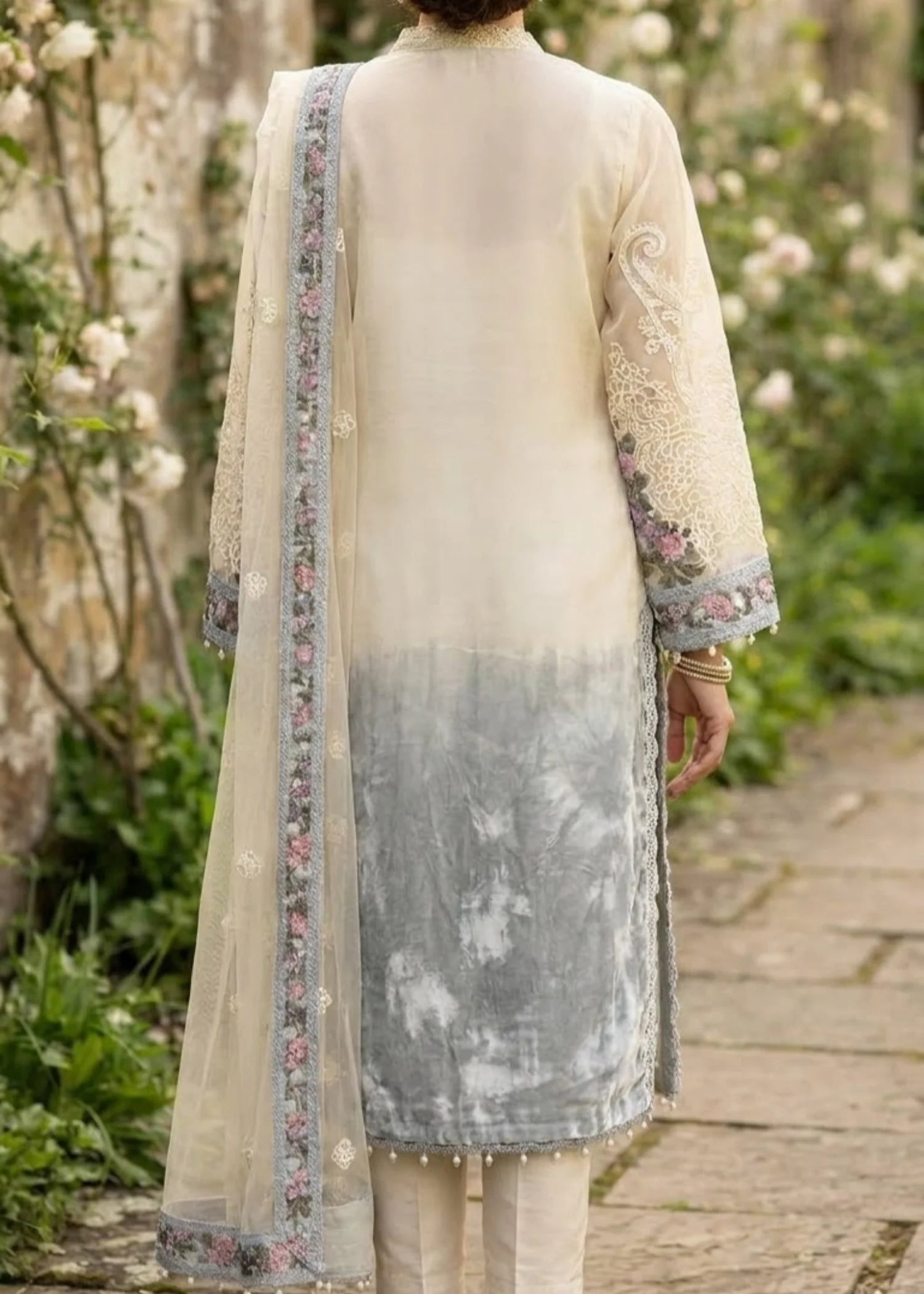 velvet Kurta Set in Cream, grey - view 5