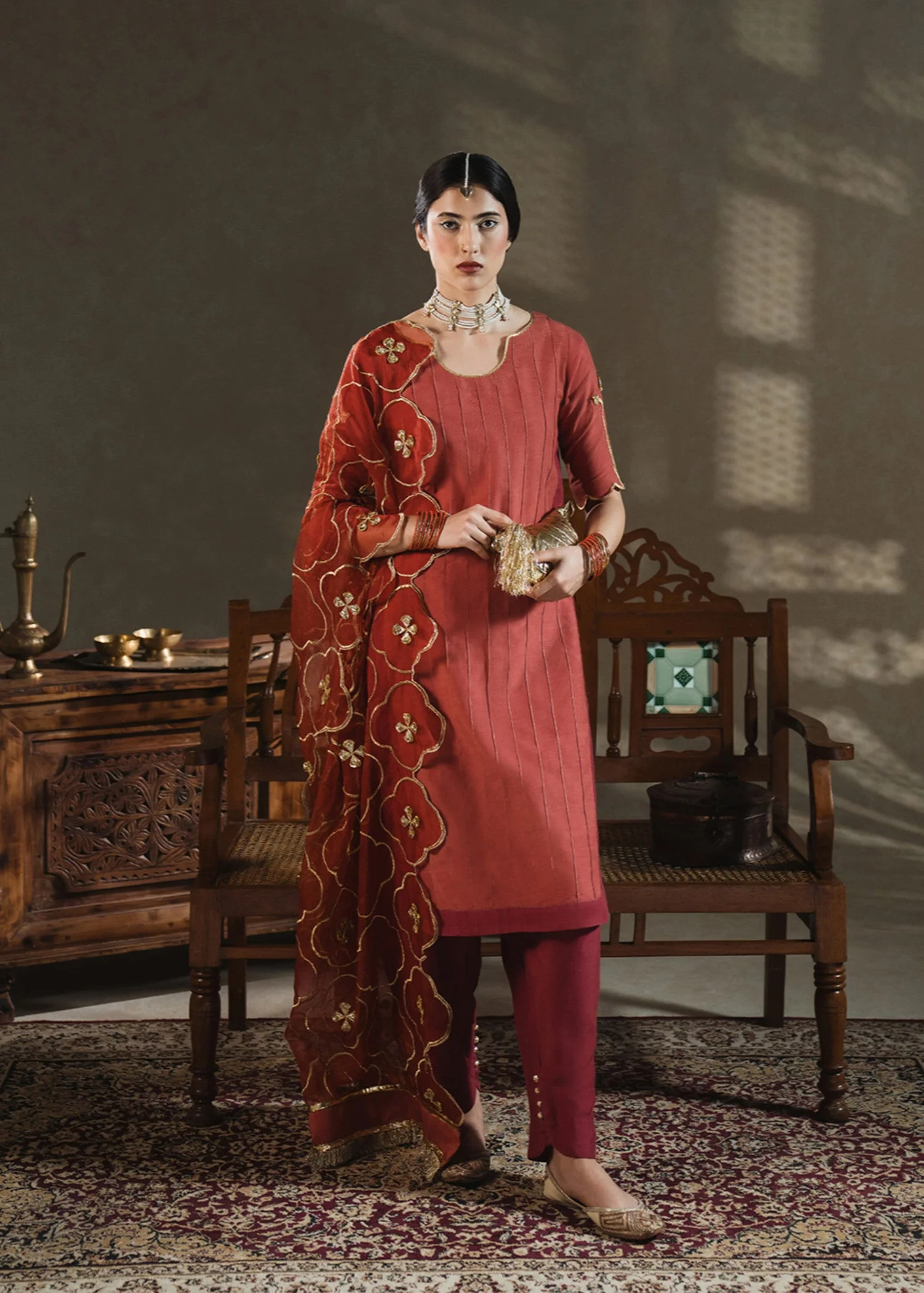 raw silk Kurta Set in Coral red
