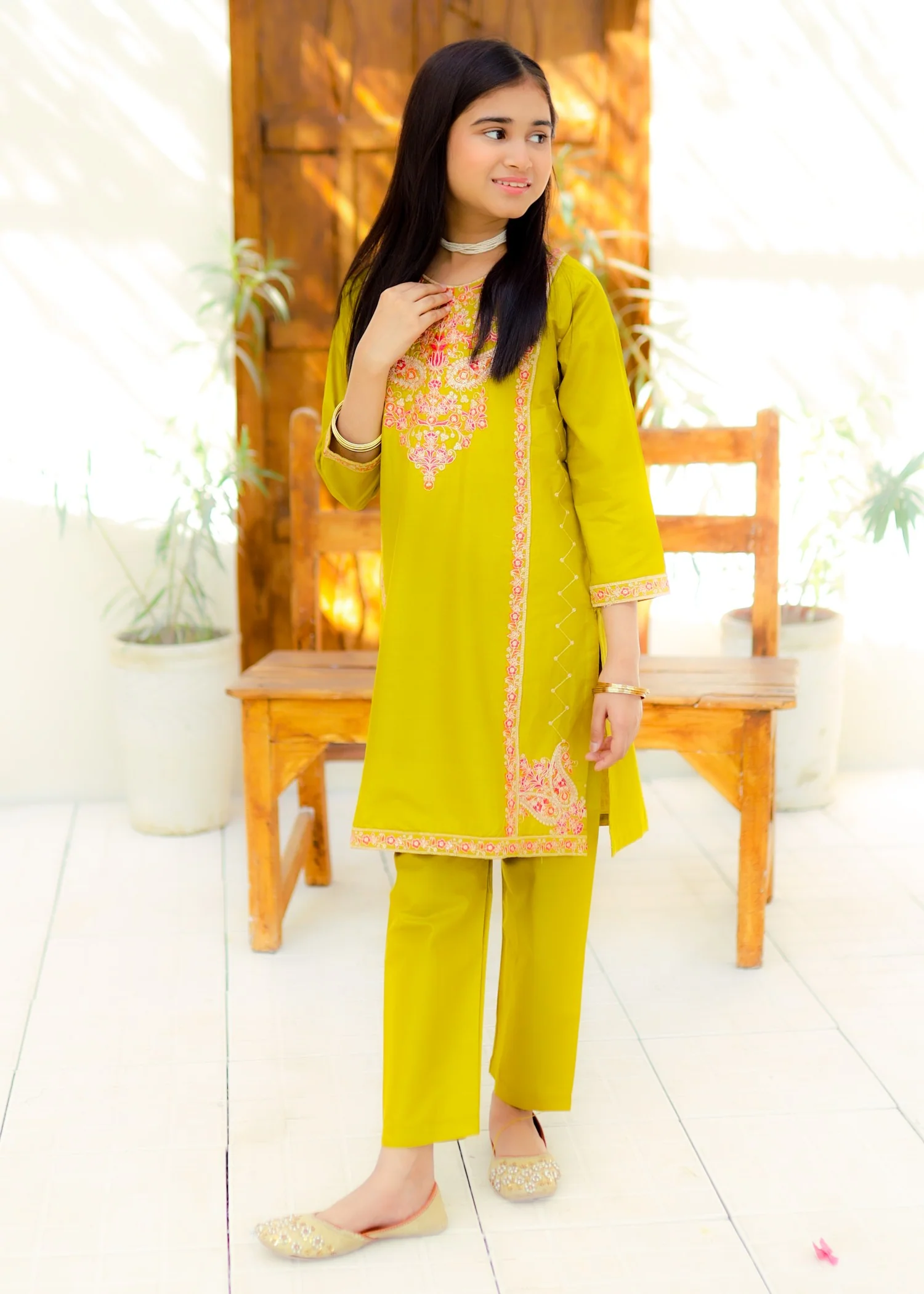 cotton Kurta Set in Acid yellow - view 5