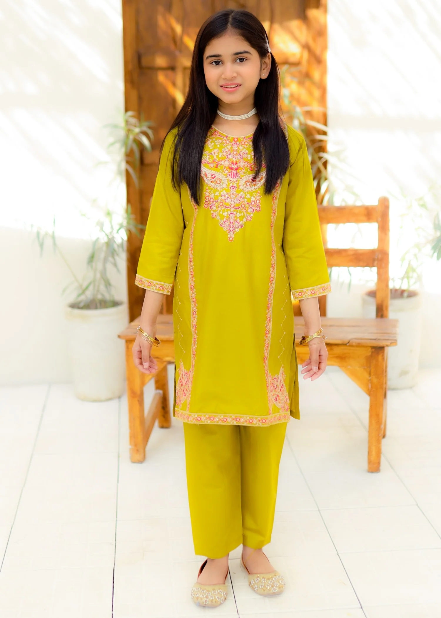 cotton Kurta Set in Acid yellow - view 2