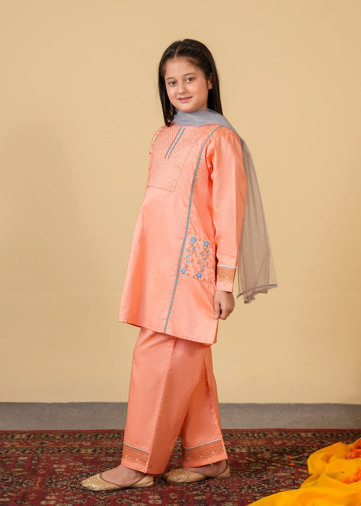 cambric cotton Kurta Set in Peach pink - view 2