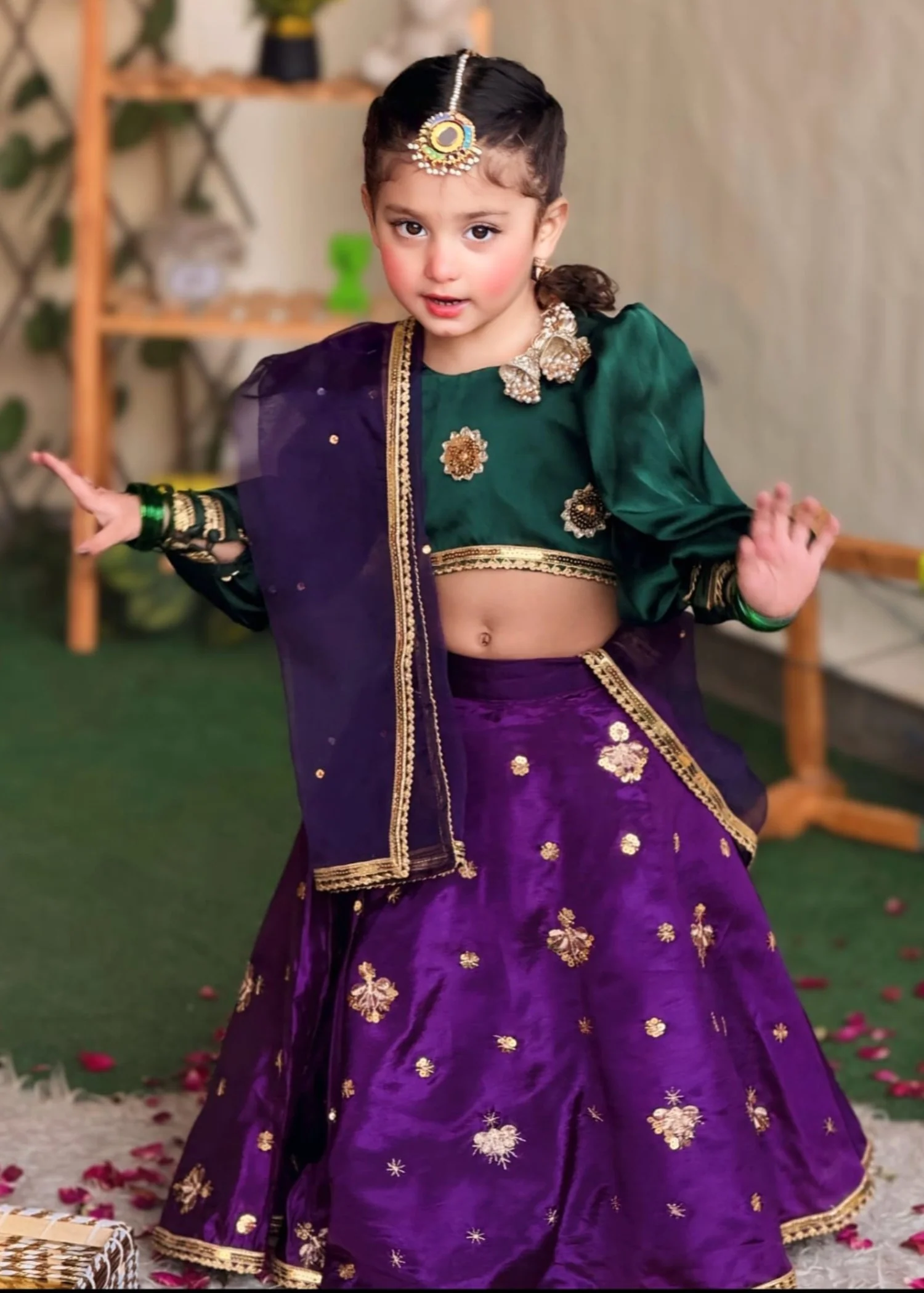 silk Lehenga in Bottle green, purple