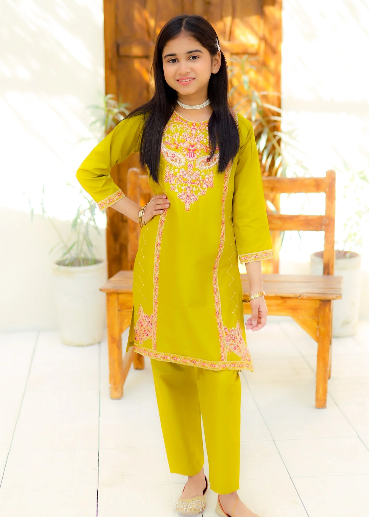 cotton Kurta Set in Acid yellow