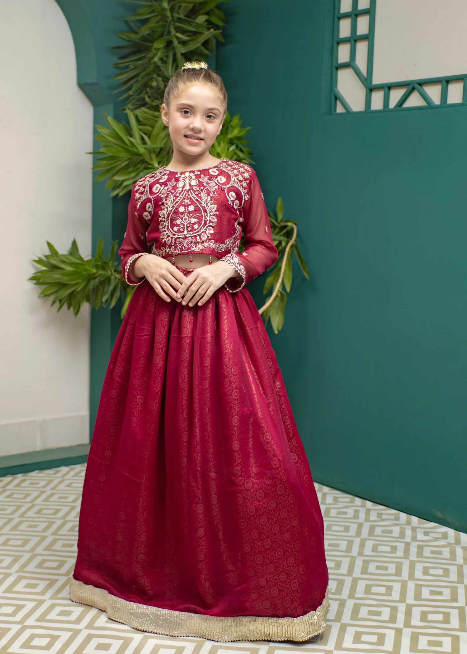 chiffon Lehenga in Raspberry - view 3